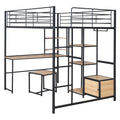 Full Size Loft Bed With Desk And Stool, Metal Loft Bed With Open Style Wardrobe, Shelves And Cabinet, Black Full Black Metal & Wood