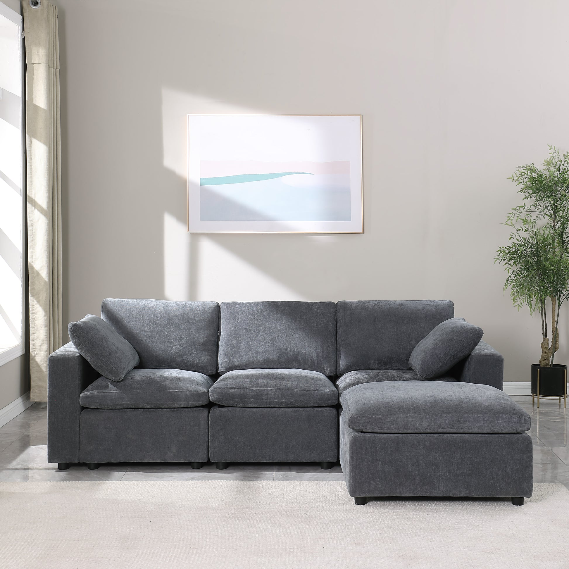 Modular Sectional Sofa, Convertible Sofa Couch, Modular Sectionals With Ottomans, 4Seat Sofa Couch With Reversible Chaise For Living Room. Chenille Grey Grey Fabric 4 Seat