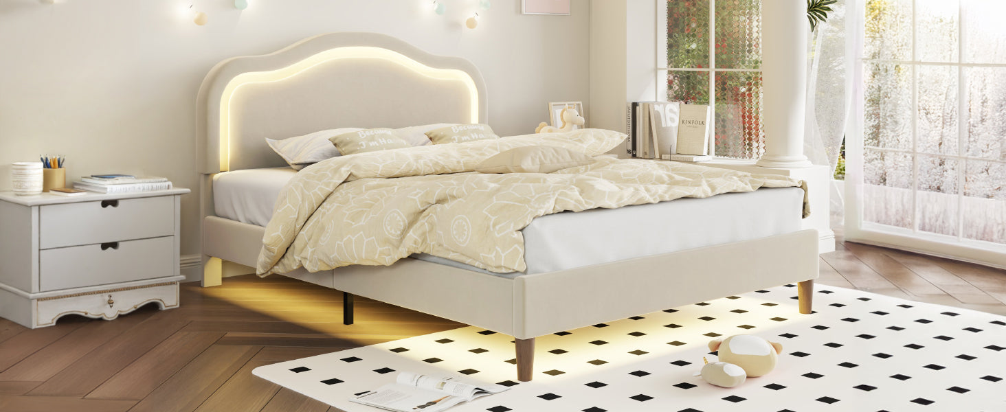 Queen Size Velvet Upholstered Smart Led Bed Frame With Adjustable Height Headboard,No Box Spring Needed,Easy Assembly,Beige Box Spring Not Required Queen Beige Wood Bedroom Cute,Modern Bed Frame Wood