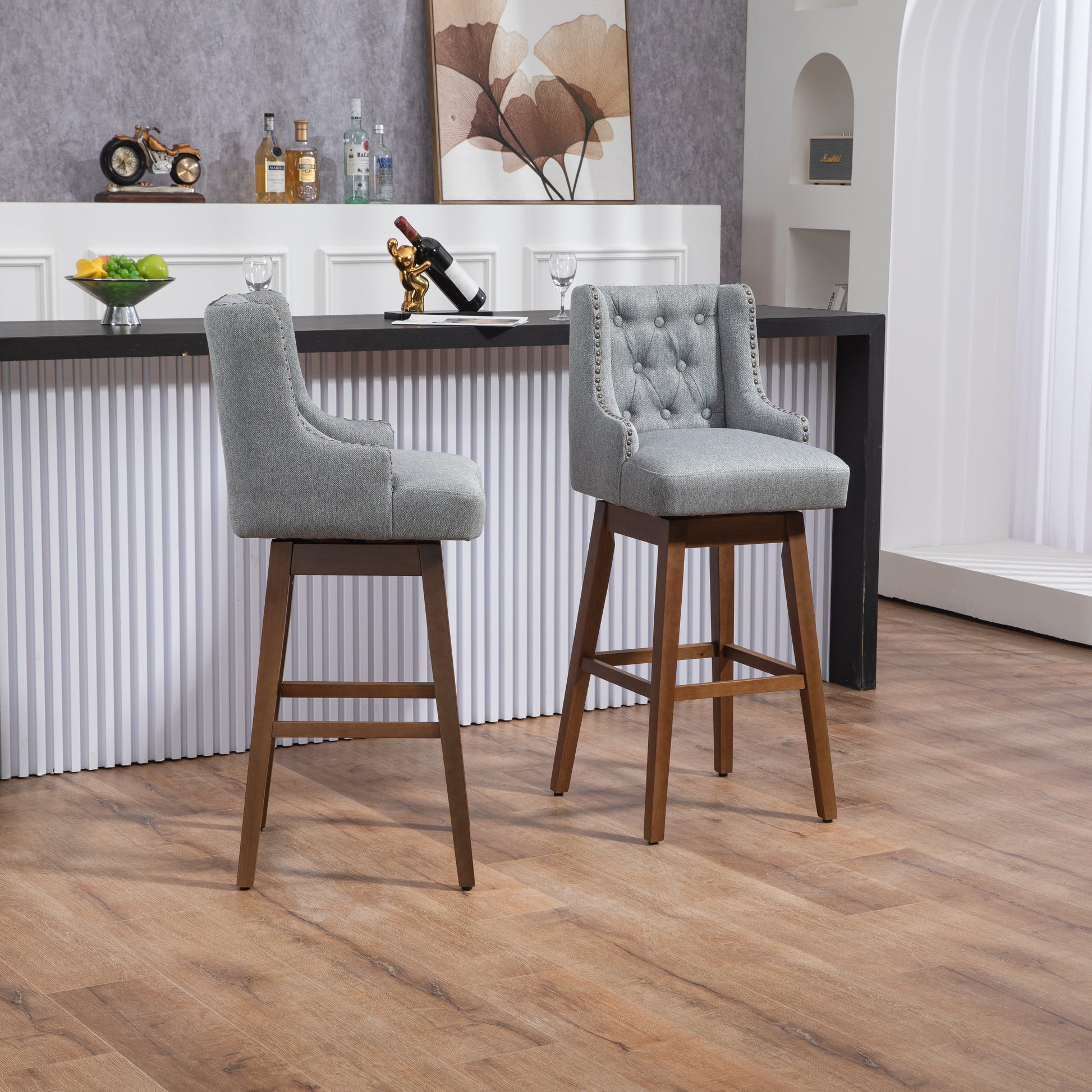 Coolmore Bar Stools Set Of 2 Counter Height Chairs With Footrest For Kitchen, Dining Room And 360 Degree Solid Wood Legs Swivel Bar Stools Set Of 2 Gary Linen Gray Foam Linen