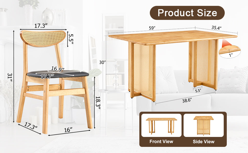 Table And Chair Set, Ancient Style Solid Wood Dining Table, Imitation Rattan Table Legs, Beautiful Simple Solid Wood Dining Chair, Perfect For Dinner, Meetings, Home And Office Decoration Wood Rubber Wood
