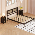 3 Pieces Bedroom Sets Queen Size Wooden Platform Bed With Natural Rattan Headboard, Nightstands Set Of 2 With Rattan Woven Surfaces And Three Drawers For Bedroom, Black Black Particle Board