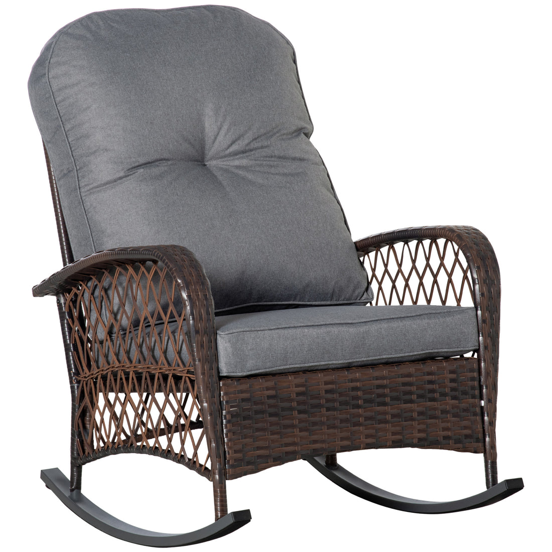 Outsunny Outdoor Wicker Rocking Chair With Wide Seat, Thick, Soft Cushion, Rattan Rocker W Steel Frame, High Weight Capacity For Patio, Garden, Backyard, Grey Gray Steel