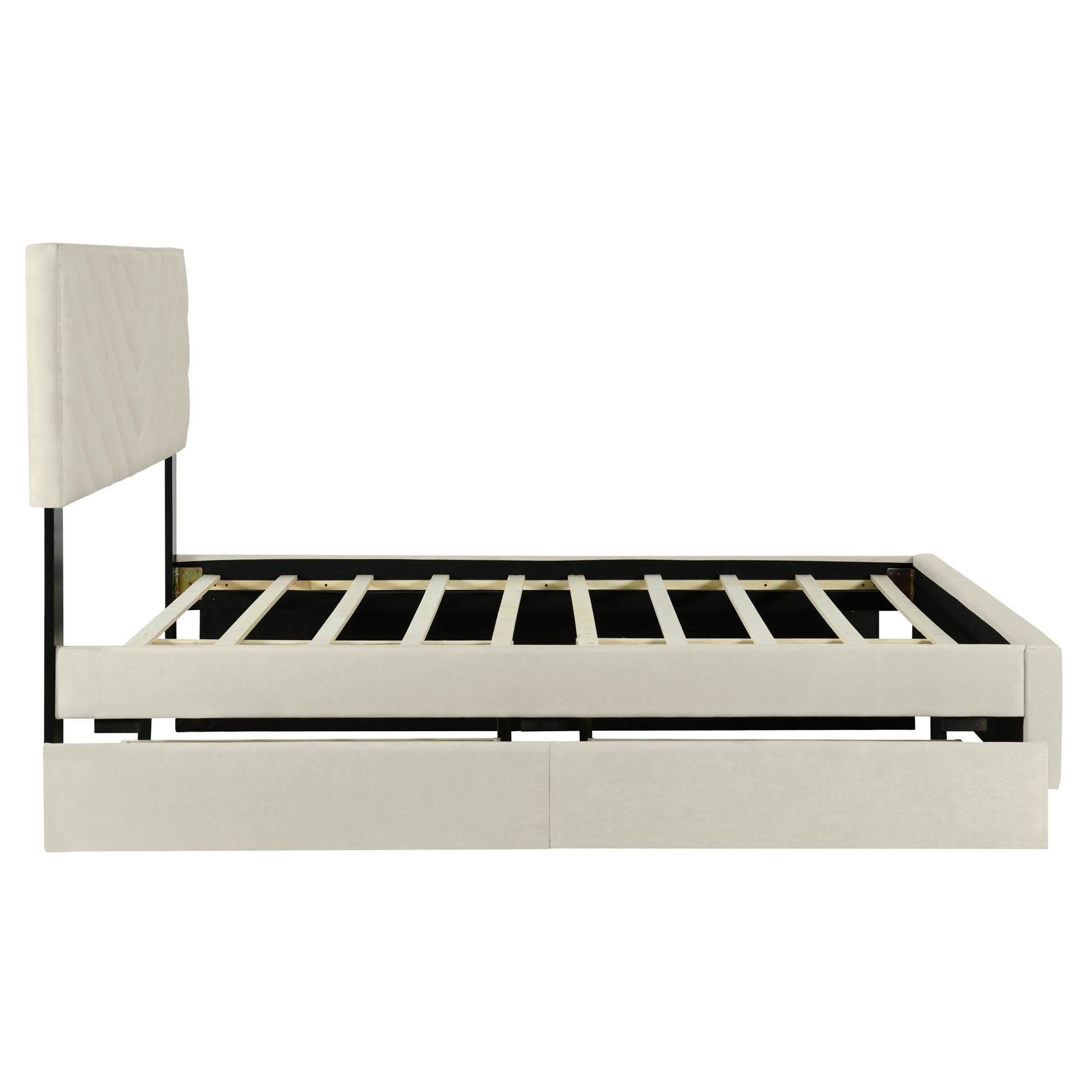 Queen Size Upholstered Platform Bed With Twill Headboard, Pullout Bed And Two Drawers, Flannel, Beige Queen Beige Mdf Lvl