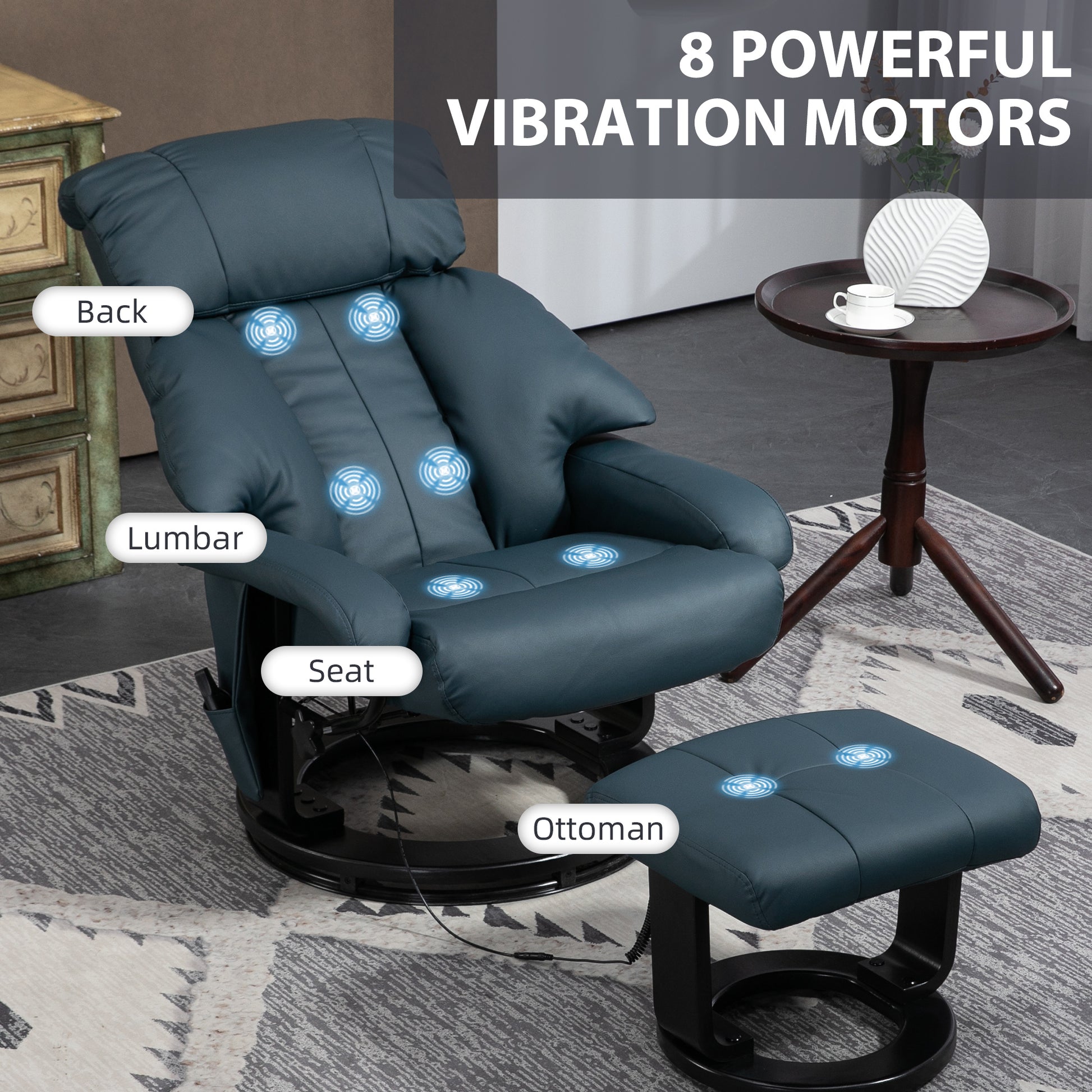 Homcom Massage Recliner Chair With Footstool, 360 Swivel Recliner, Blue Blue Pu Leather