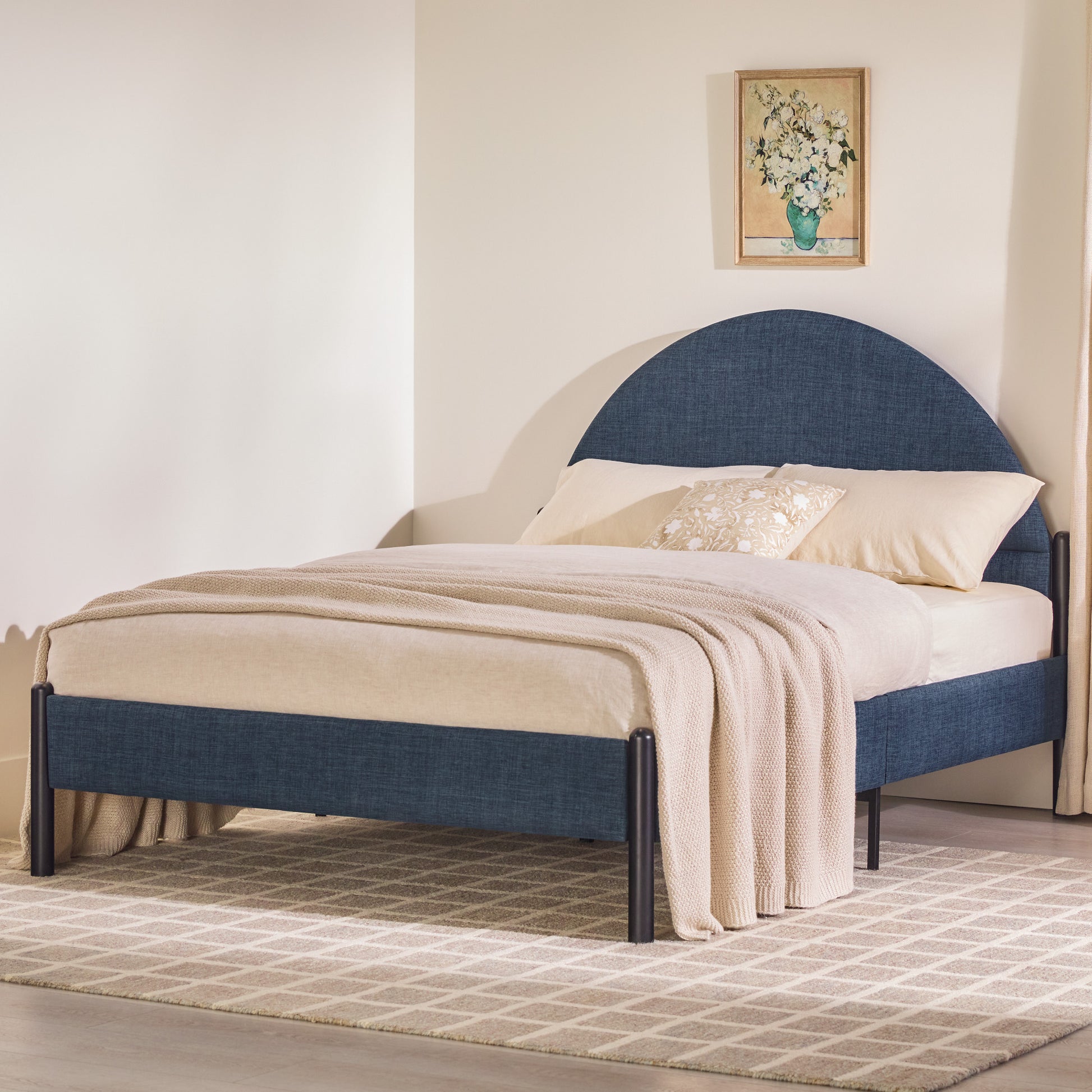Modern Upholstered Curved Headboard Queen Bedframe Blue Queen Blue Metal Polyester