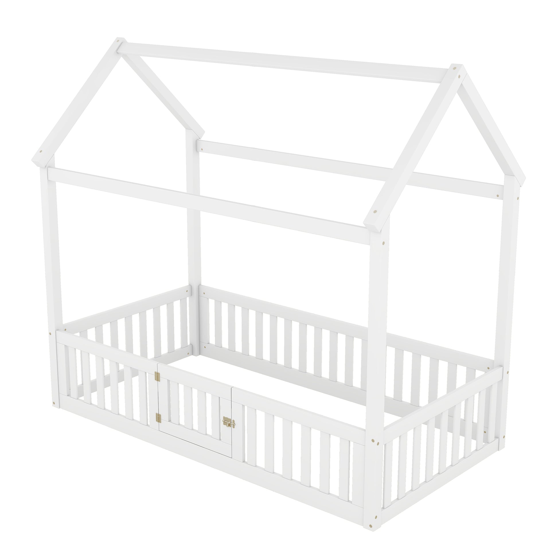 Twin Size Wood House Bed With Fence And Door, White Old Sku: Wf303131Aak Box Spring Not Required Twin White Wood Bedroom Bed Frame Pine
