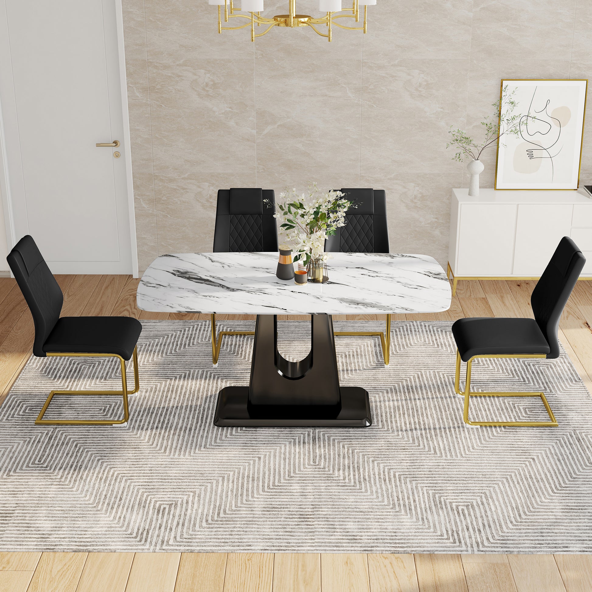 Table And Chair Set, Modern And Minimalist Dining Table, Imitation Marble Patterned Tabletop, Mdf Legs With U Shaped Brackets. Paired With Comfortable Chairs, Suitable For Dining And Living Rooms. Black Gold Mdf Glass