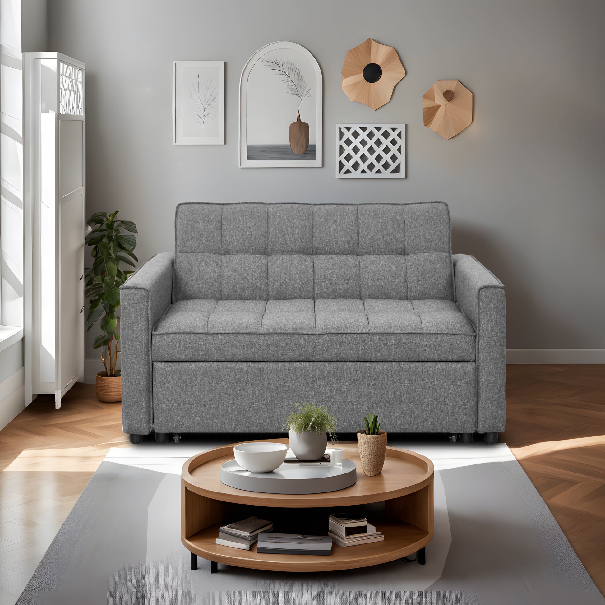 Stylish Grey Pull Out Sofa Bed With Woven Polyester Fabric & Solid Wood Frame Gray Polyester 2 Seat