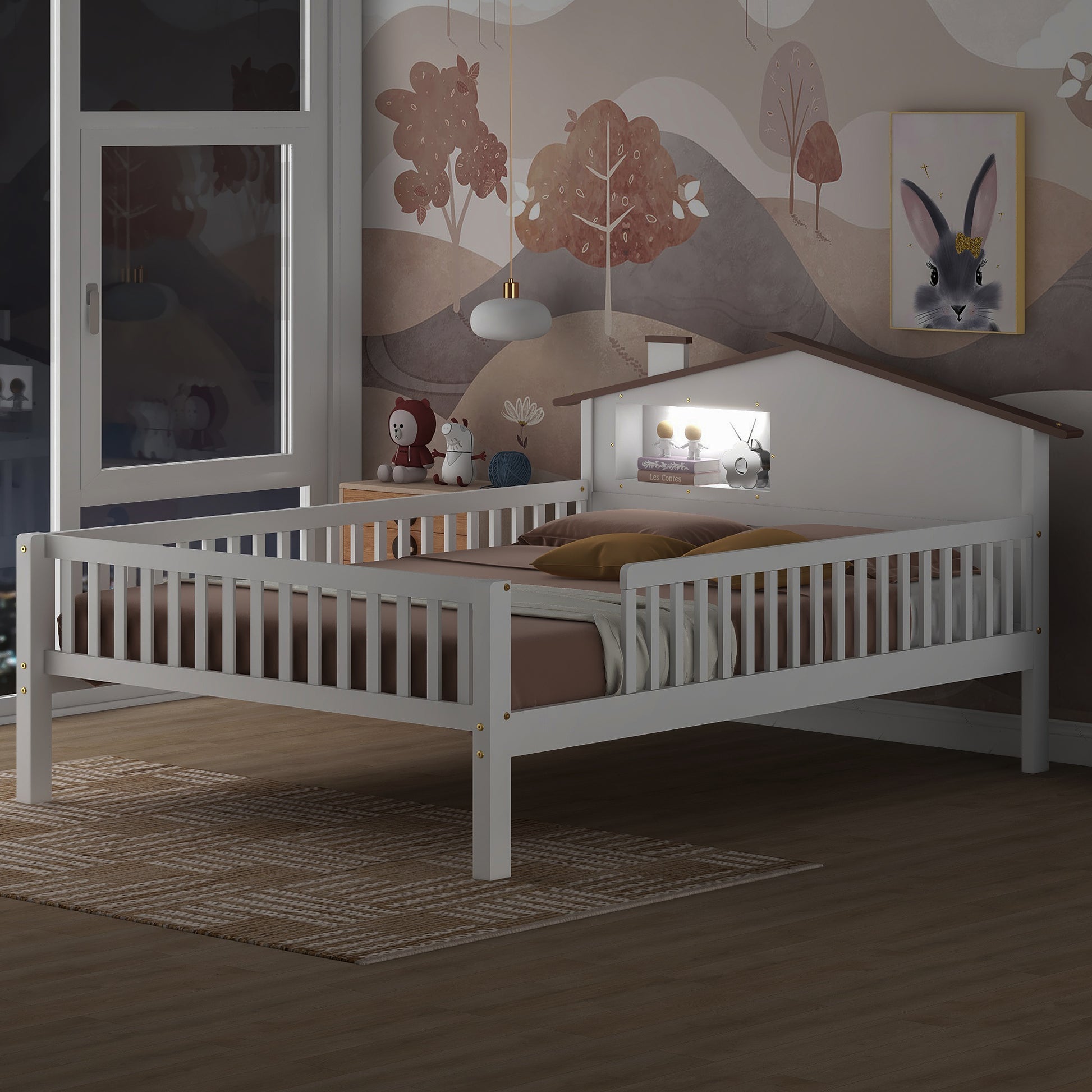 Full Size Wood Platform Bed With House Shaped Headboard, Led And Built In Storage, White Box Spring Not Required Full White Wood Bedroom Bed Frame Wood