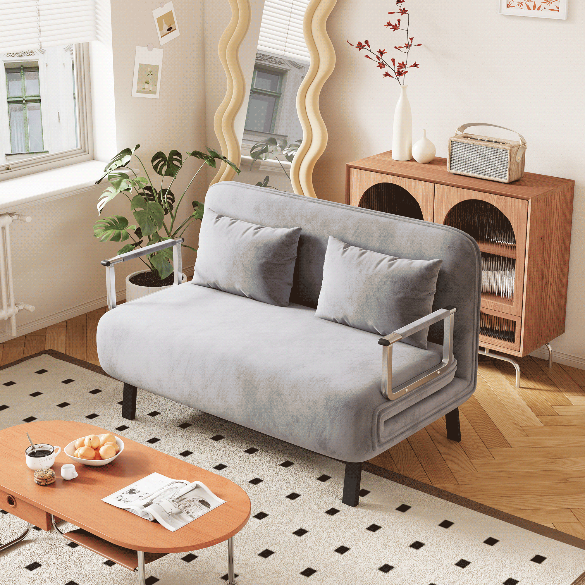 39 Convertible Chair Bed, Tri Fold Sofa Bed With Adjustable Backrest & Pillow, Leisure Chaise Lounge Couch With Sturdy Steel Frame For Home & Office, Comfortable Sleeper Chair Light Grey Dutch Velvet Light Grey Velvet Contemporary Polyurethane Foam Metal