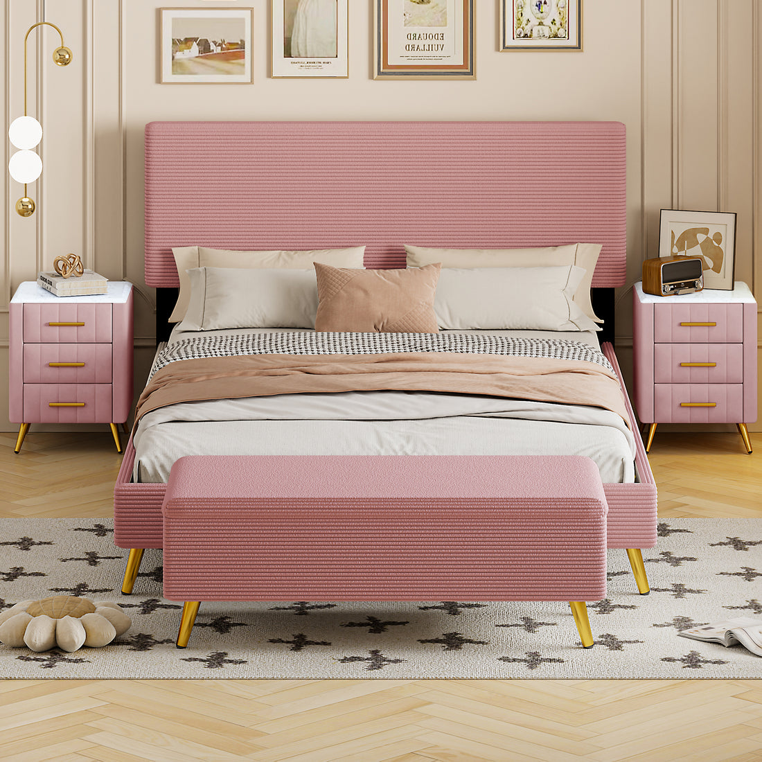 4 Pieces Bedroom Sets Queen Size Upholstered Bed Frame With Modern Corduroy Storage Ottoman And Nightstands,Pink Queen Pink 4 Piece Set Wood