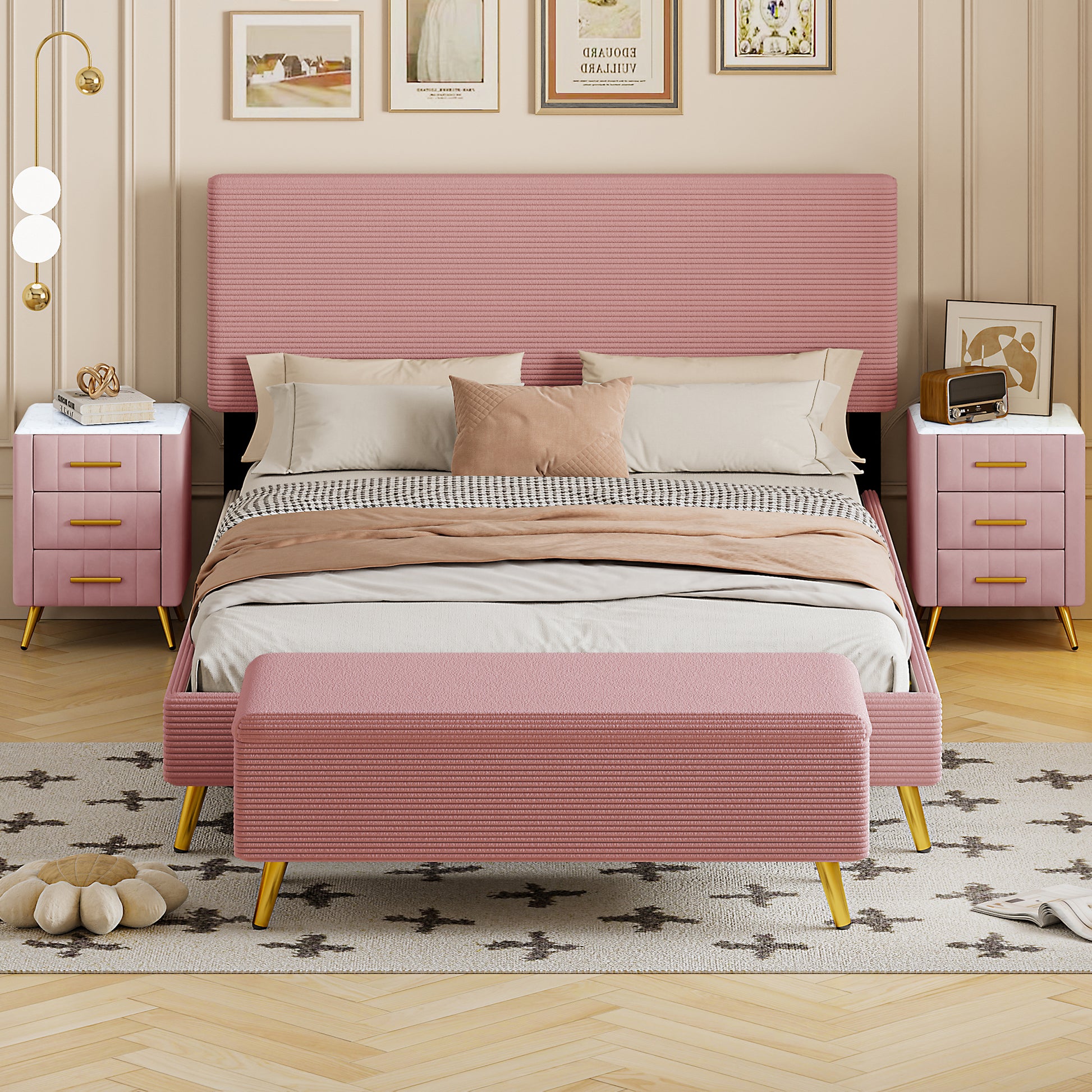 4 Pieces Bedroom Sets Queen Size Upholstered Bed Frame With Modern Corduroy Storage Ottoman And Nightstands,Pink Queen Pink 4 Piece Set Wood