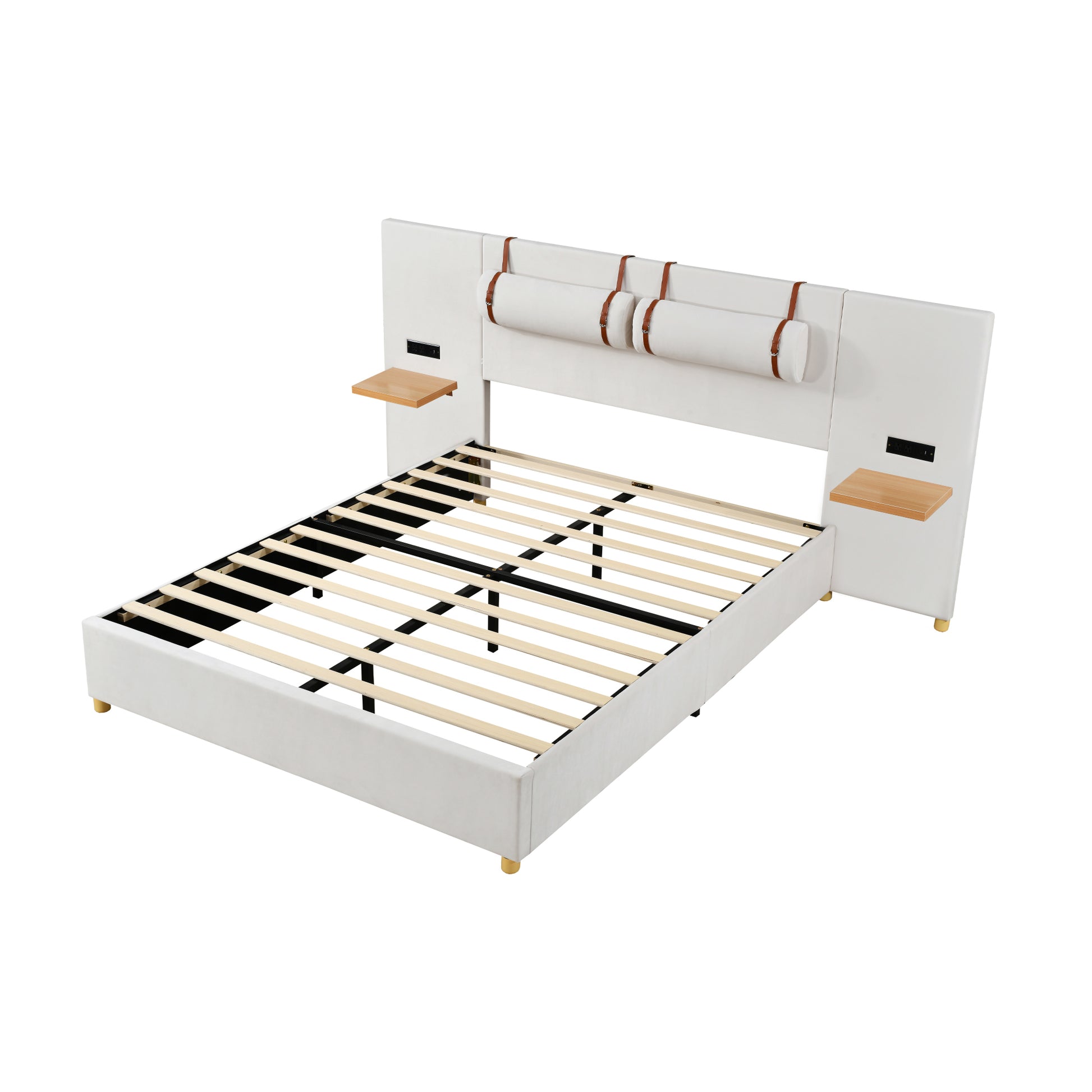 Queen Size Upholstered Platform Bed, Two Outlets And Usb Charging Ports On Both Sides, Two Bedside Pillows, Storage Shelves,Velvet, Beige Queen Beige Mdf Lvl