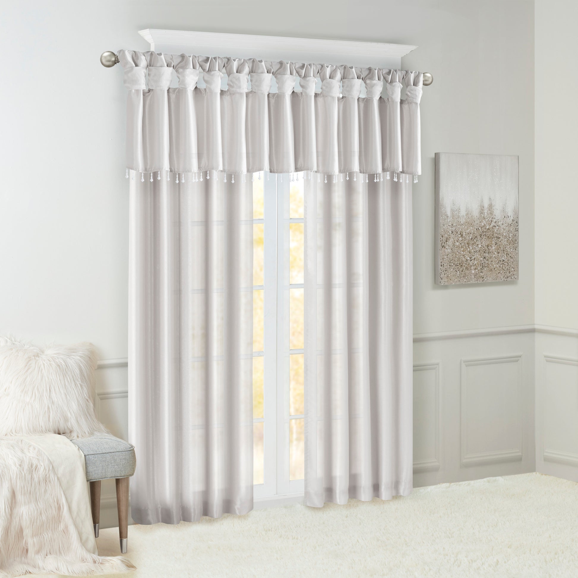 Lightweight Faux Silk Valance With Beads Silver 50X26" Silver Polyester