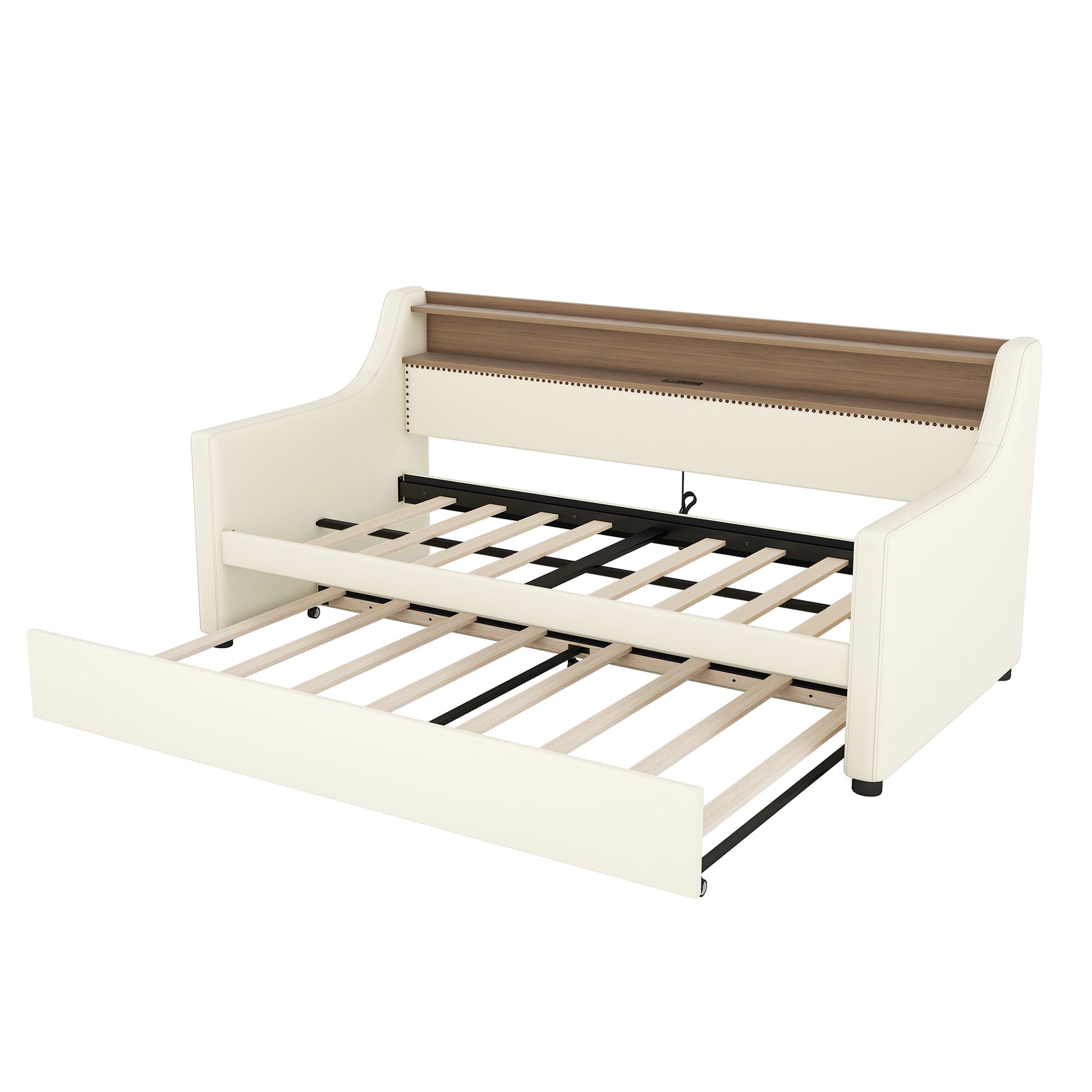 Twin Size Daybed With Trundle, Upholstered Daybed With Charging Station And Led Lights, White Twin White Pu Leather