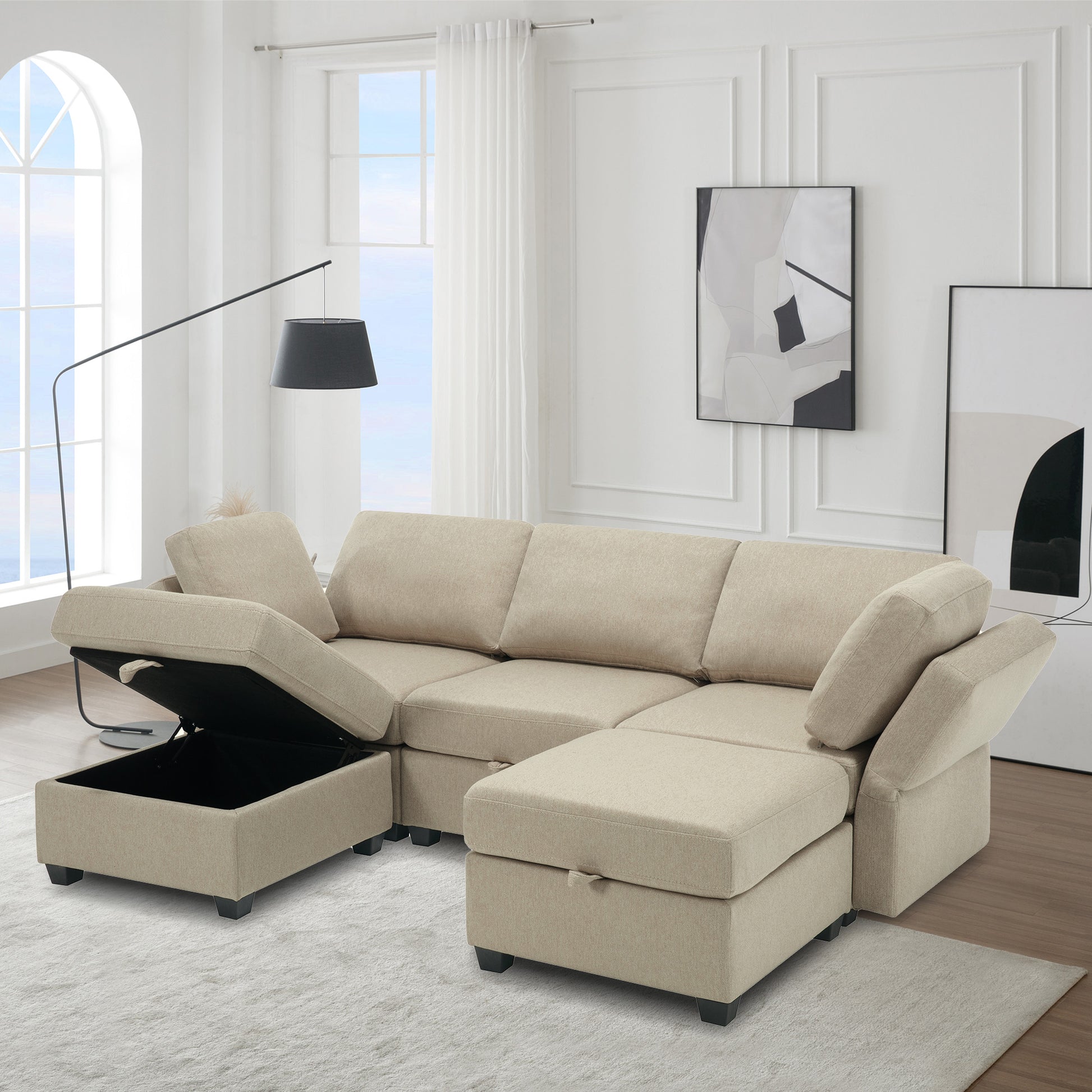 Reversible Sectional Sofa Modern Modular Sectional Couch With Chaise U Shaped Corner Sectional 5 Seater Modular Sofa With Storage Seats, Adjustable Arms And Backs Beige Beige Polyester 3 Seat