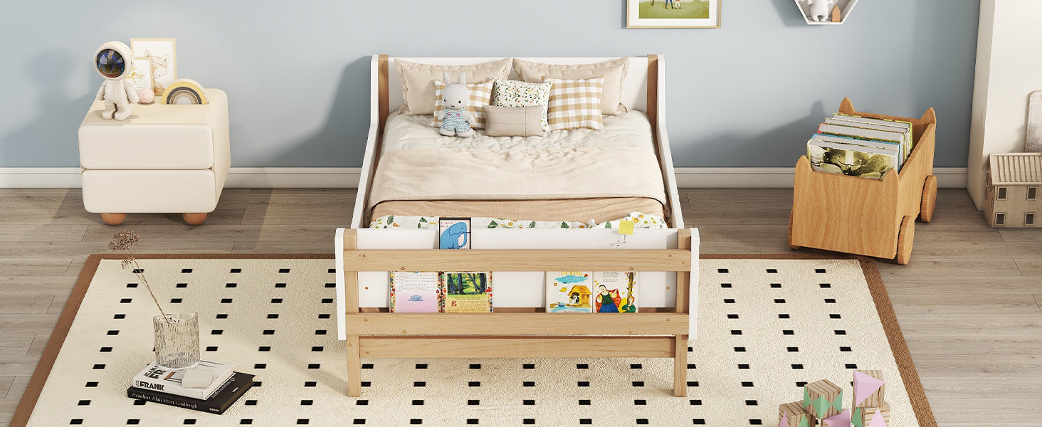 Twin Bed With Headboard, Footboard, Safeguards, Built In Bed End Book Storage Rack ,White Twin White American Design Pine