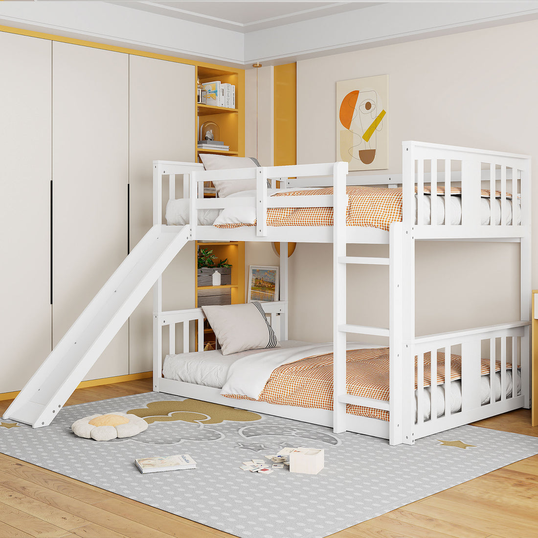 Twin Over Twin Bunk Bed With Slide And Ladder, White Old Sku:Lt000108Aak Twin White Plywood