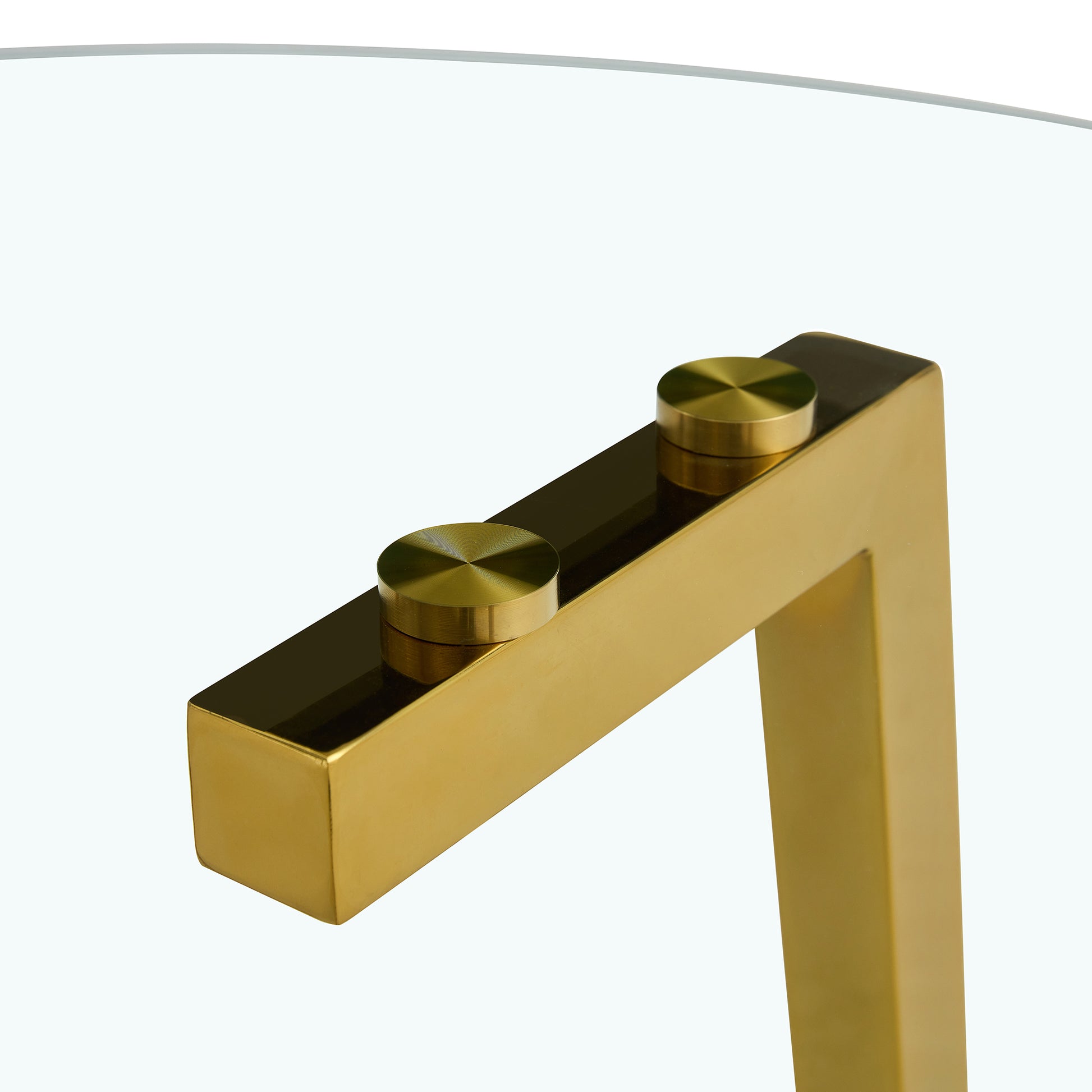 Table And Chair Set.A Modern Minimalist Style Round Clear Tempered Glass Table With Metal Legs.Paried With White Chairs With Modern Pu Leather High Back Upholstered And C Tube Golden Legs. Transparent Seats 6 Glass