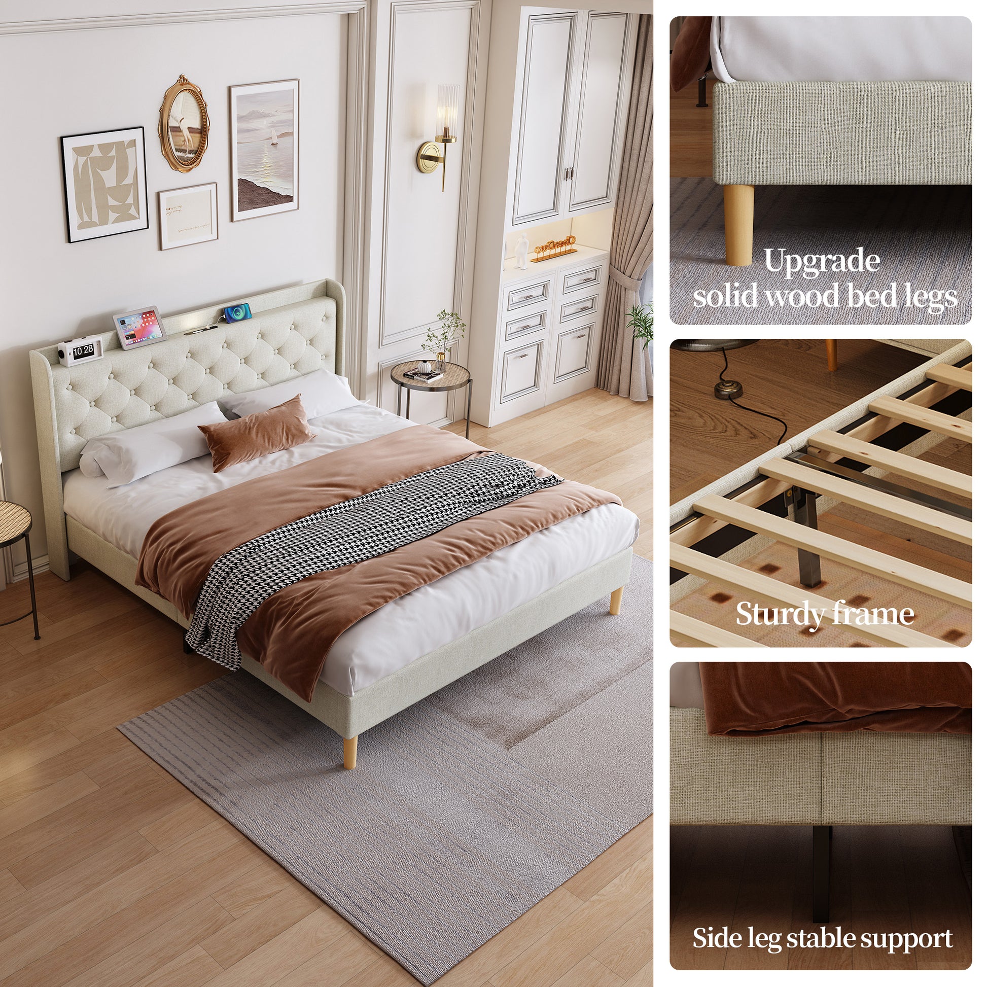 Queen Size Bed, Mesh Backboard Beautiful, With Led Lights, Cotton And Linen Fabric, Frame Stability, Easy To Assemble,Light Gray Queen Light Gray Mdf Acacia