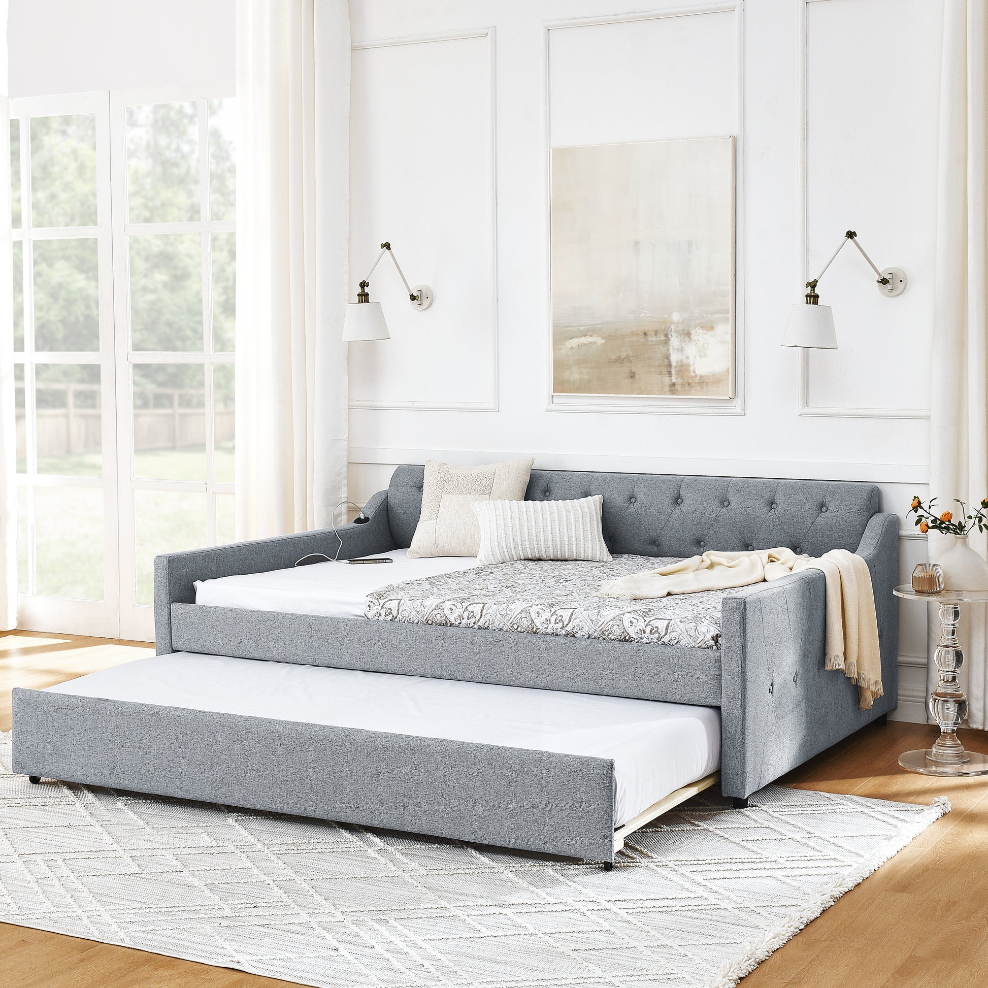 Full Size Upholstery Daybed With Twin Size Erectable Trundle And Usb Charging Design, Linen Grey Box Spring Not Required Full Grey Linen Linen