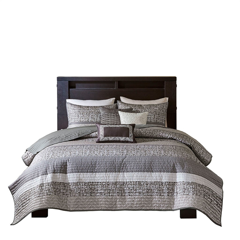 6 Piece Reversible Jacquard Quilt Set With Throw Pillows Grey Taupe King Cal King Grey Taupe Cotton