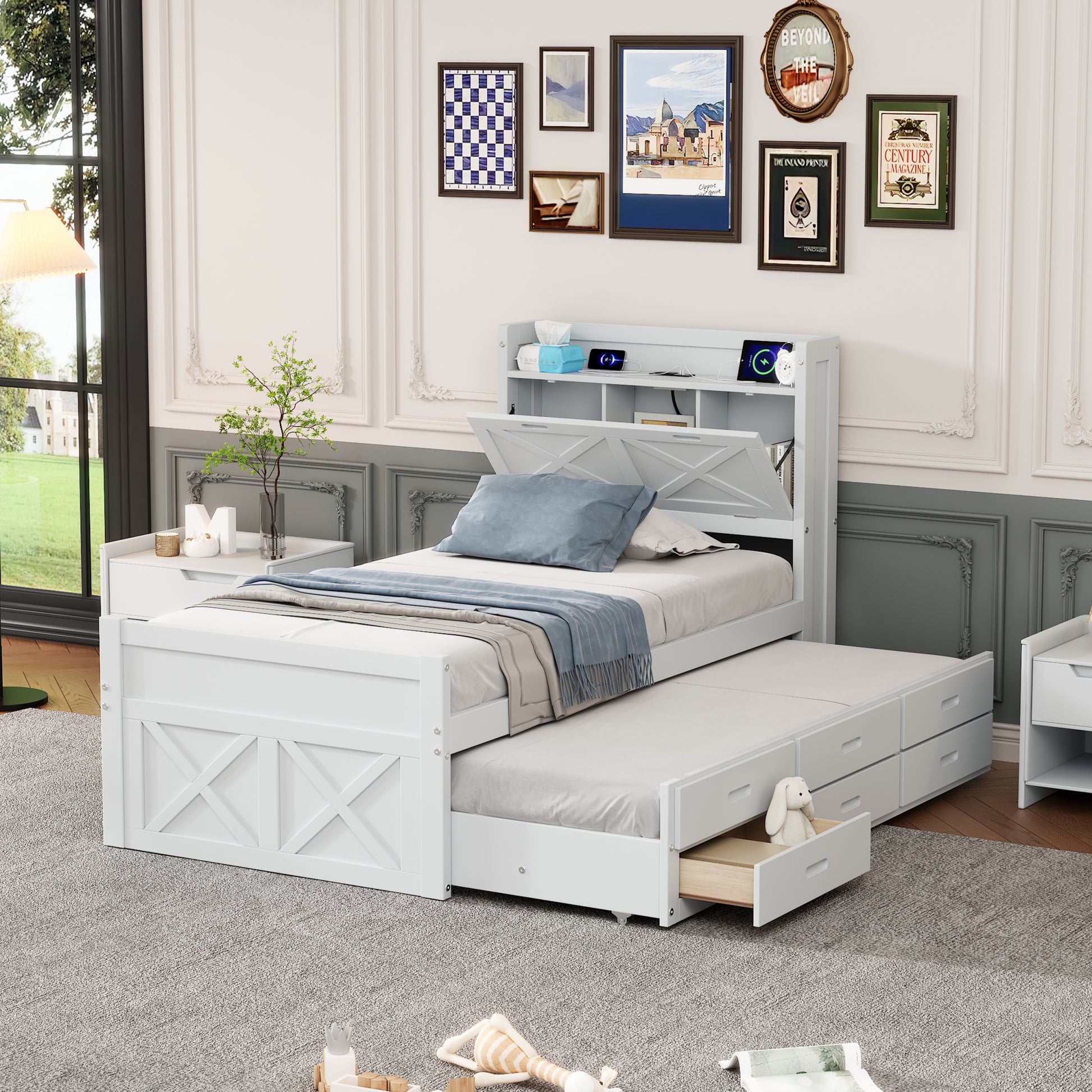 Twin Size Wooden Bed With Storage Headboard With Outlets, Extendable Bed With Twin Size Trundle With Three Storage Drawers,White Twin White Wood