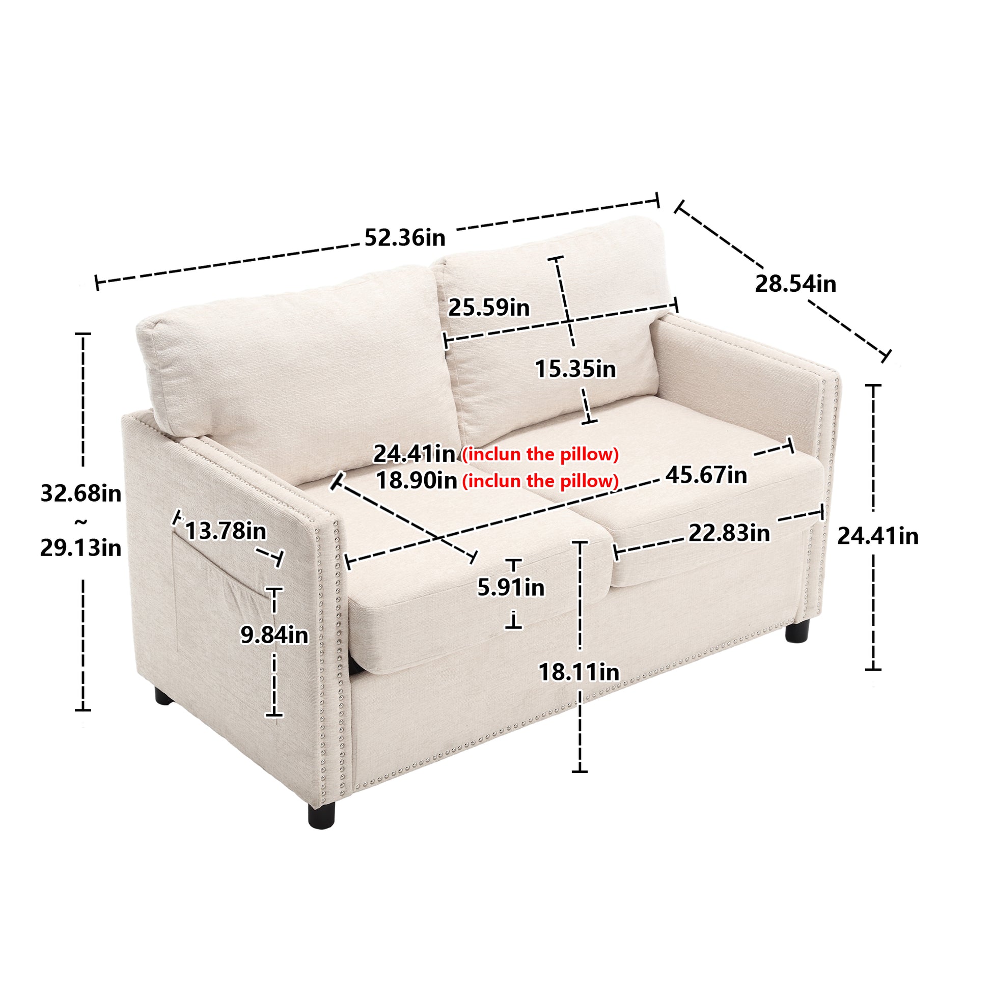 United Modern Chenille Fabric Loveseat, 2 Seat Upholstered Loveseat Sofa Modern Couch Beige Chenille 2 Seat