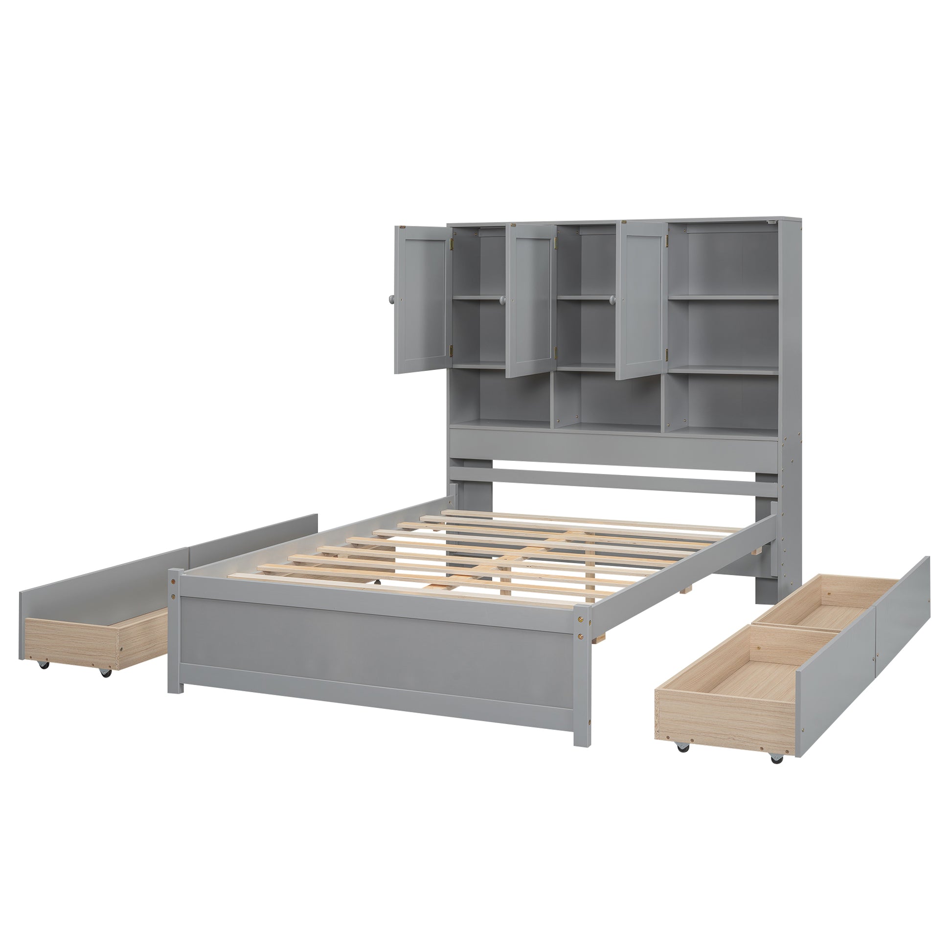 Full Size Platform Bed With Storage Headboard And 4 Drawers, Gray Box Spring Not Required Full Gray Wood Bedroom Bed Frame Solid Wood Mdf