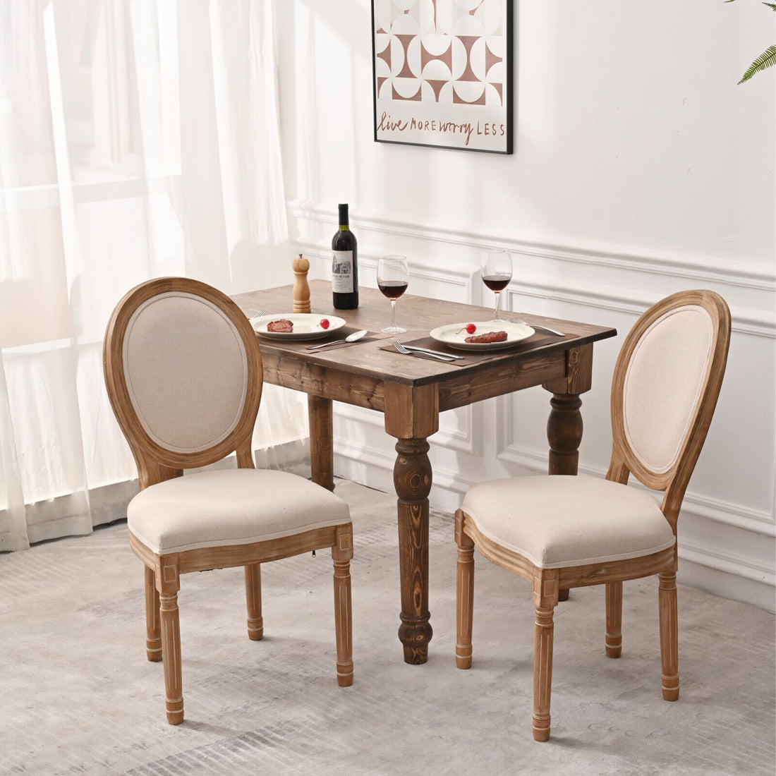 French Country Dining Chairs With Round Back Set Of 2, Upholstered, Solid Wood Legs, Accent Side Chairs For Living Room, Wedding Event Cream Cushion Cream Light Brown Dining Room Round Modern Banquet Chair Rubberwood Cotton Linen Rubber Wood