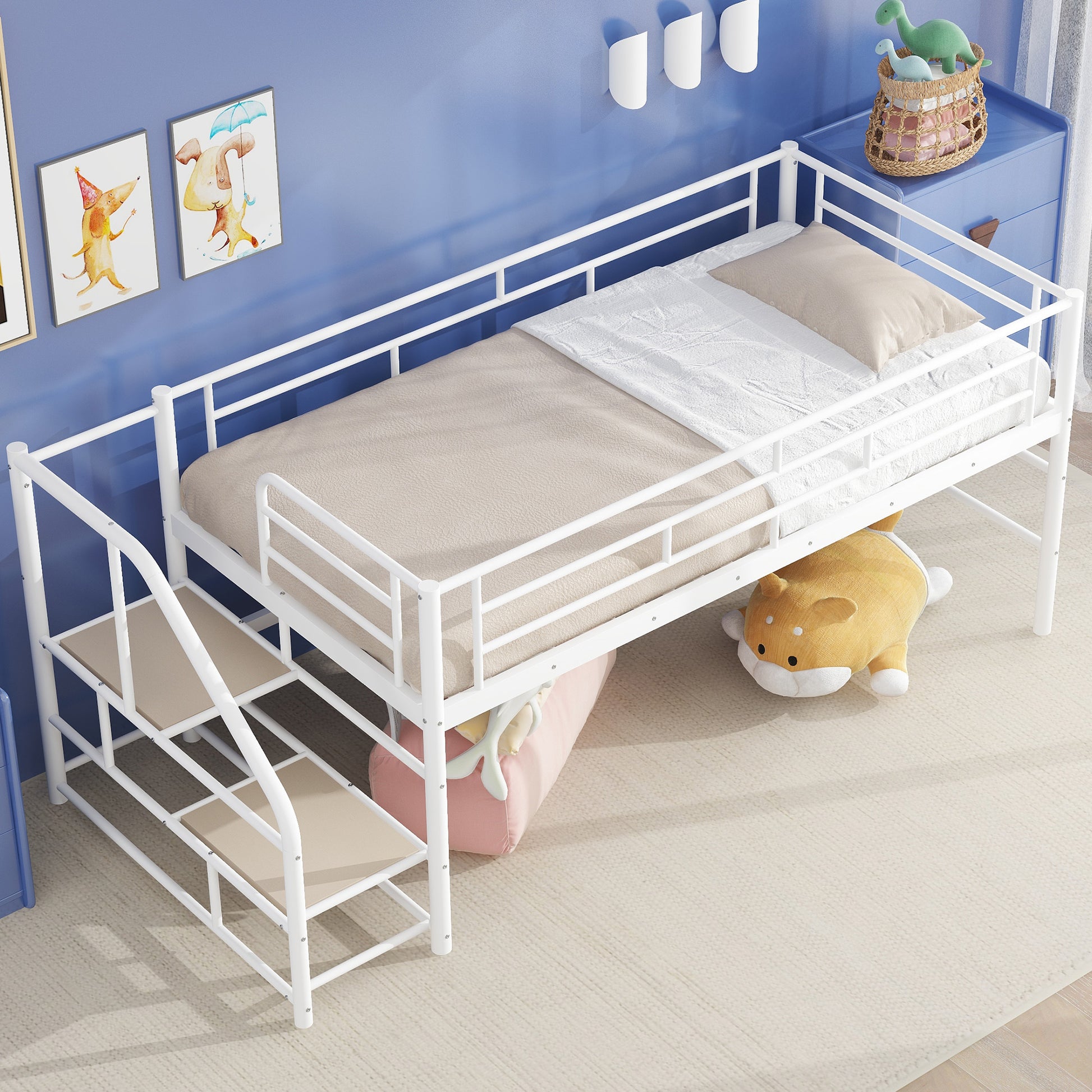 Mid Loft Bed With Storage Stairs, Twin, White Twin White Mdf Metal