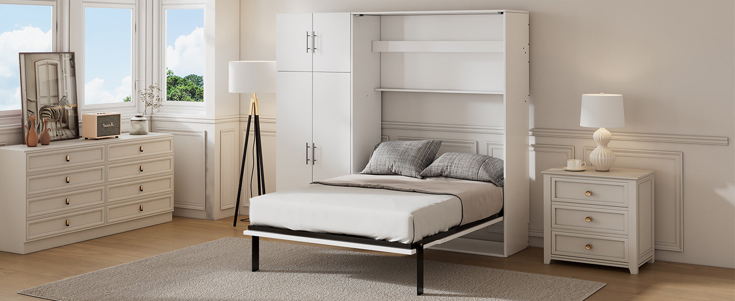 Full Size Murphy Bed With Lockers And Wardrobes, White Box Spring Not Required Full White Murphy Solid Wood Mdf