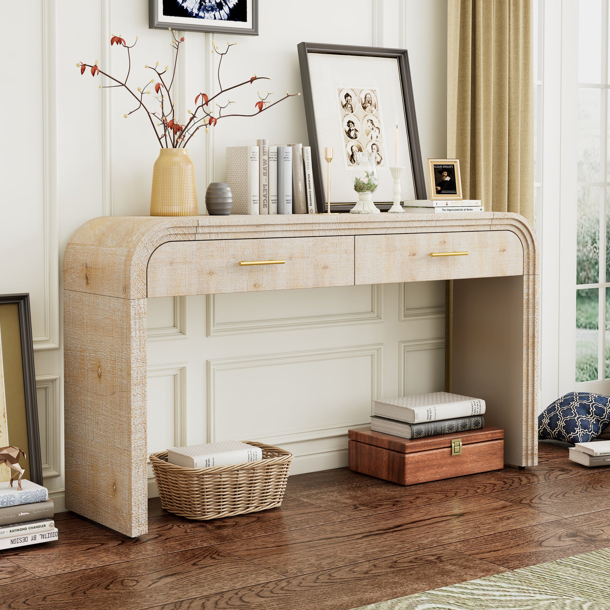 Unique Retro Console Table With Open Style, Two Top Drawers For Entrance, Dinning Room, Living Room Natural Wood Wash Natural Wood Wash Mdf