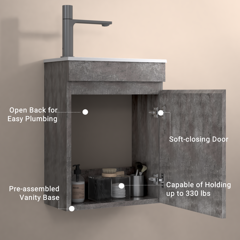 16" Floating Bathroom Vanity With Sink, Wall Mounted Small Bathroom Storage Vanity Cabinet With Resin Top Basin And Soft Close Doors, Dark Birch 24V11 16Db Grey Bathroom Plywood