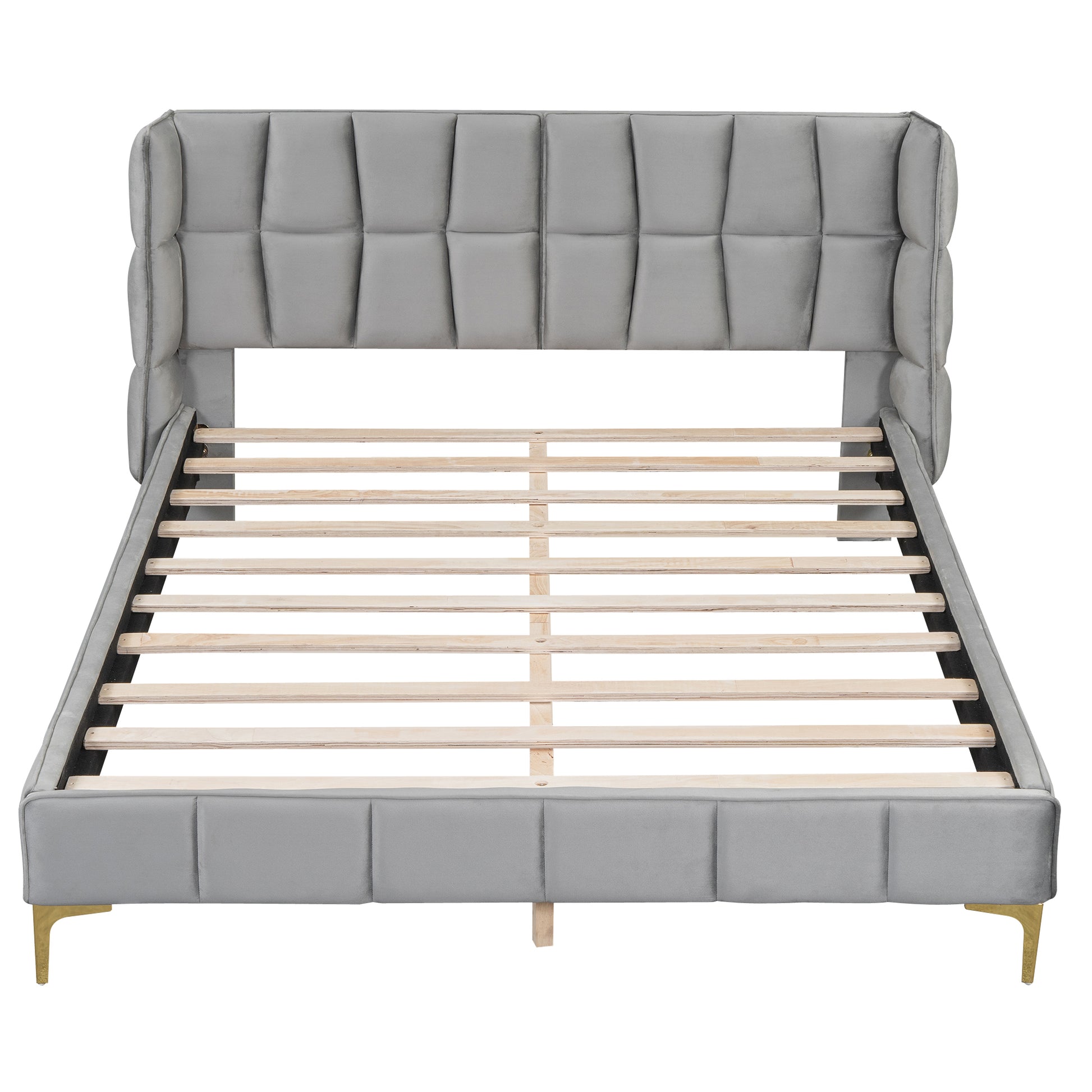 Queen Size Upholstered Velvet Platform Bed, Gray Box Spring Not Required Queen Gray Wood Bedroom Bed Frame Velvet Upholstered