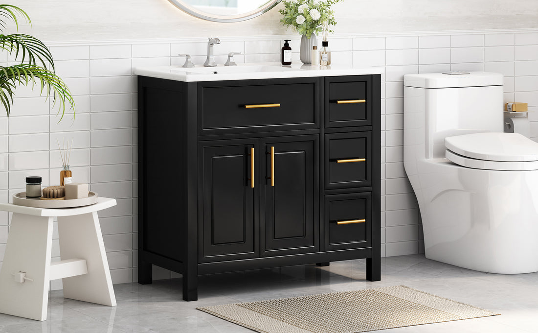 36" Bathroom Vanity With Sink Top, Bathroom Vanity Cabinet With Two Doors And Three Drawers, Solid Woodmdf Boards ,One Package, Black Black Solid Wood Mdf
