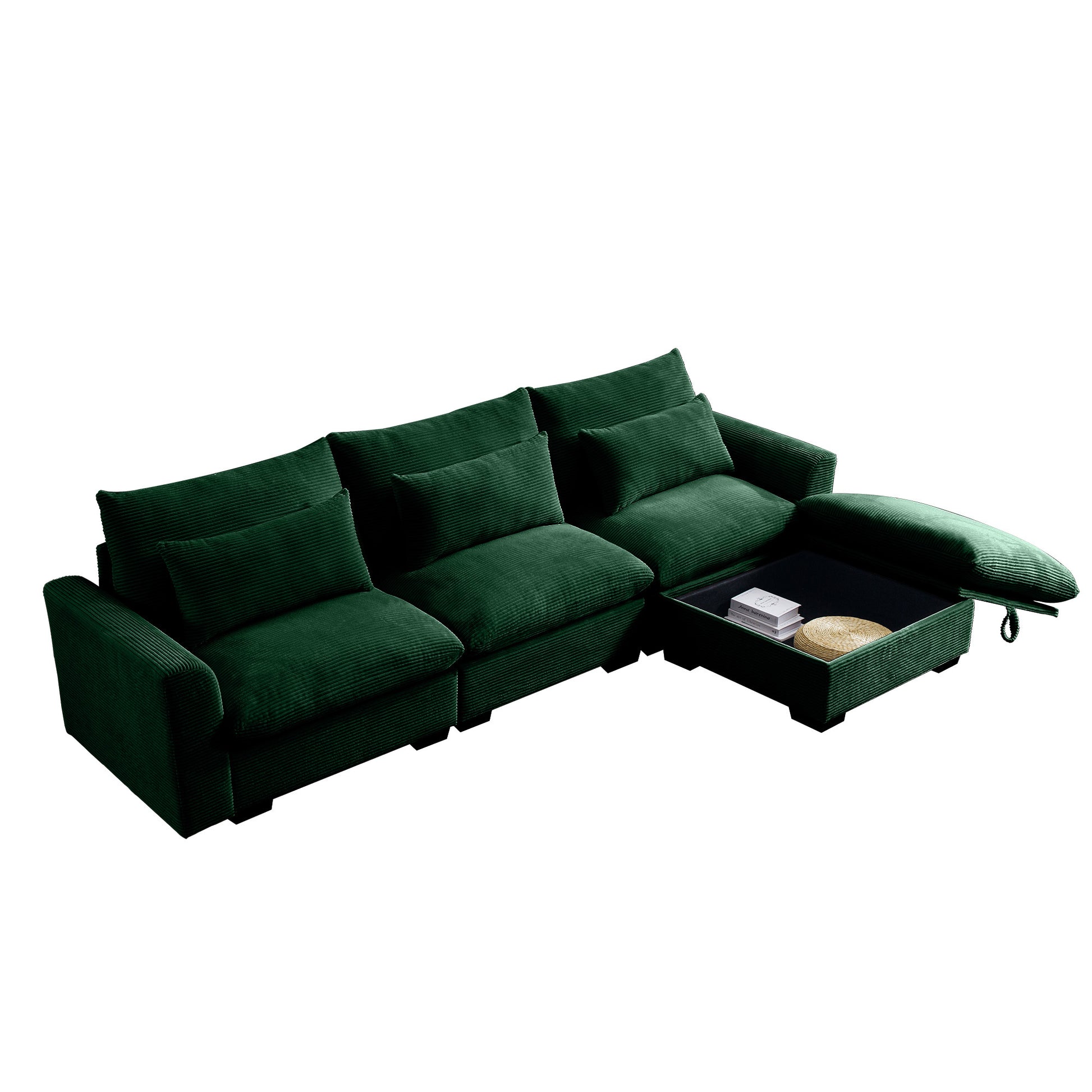 Corduroy Sectional Sofa, L Shaped Couch With Storage Footstool And 3 Pillow, Sectional Couch For Living Room Apartment, Green Green Corduroy 3 Seat