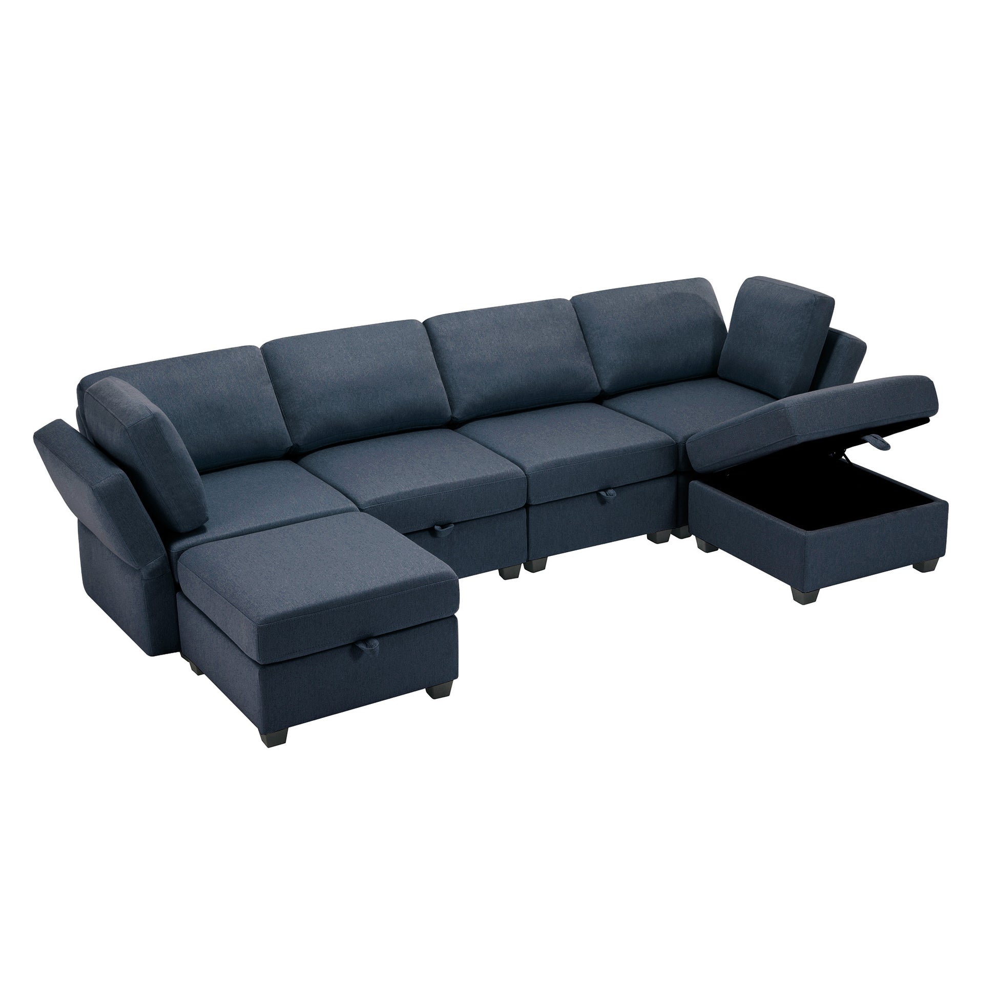 Adjustable Arms And Backs Modern U Shape Linen Couch Modular Sectional Sofa Couch With Storage Seat, Large Convertible Sofa With Reversible Chaise For Living Room Apartment Office, Blue Blue Polyester 4 Seat