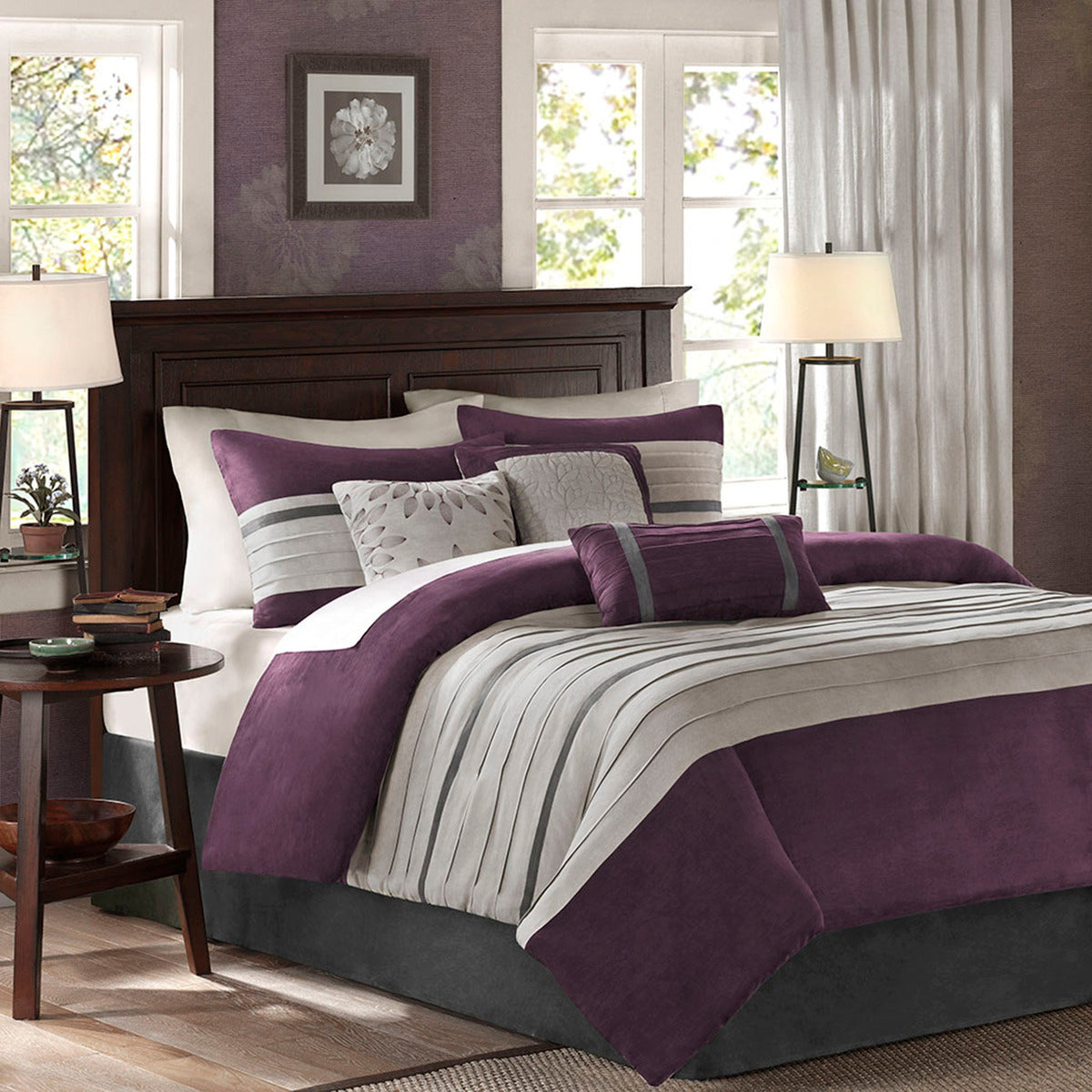 7 Pc Pieced Faux Suede Comforter Set Purple Queen Queen Purple Polyester