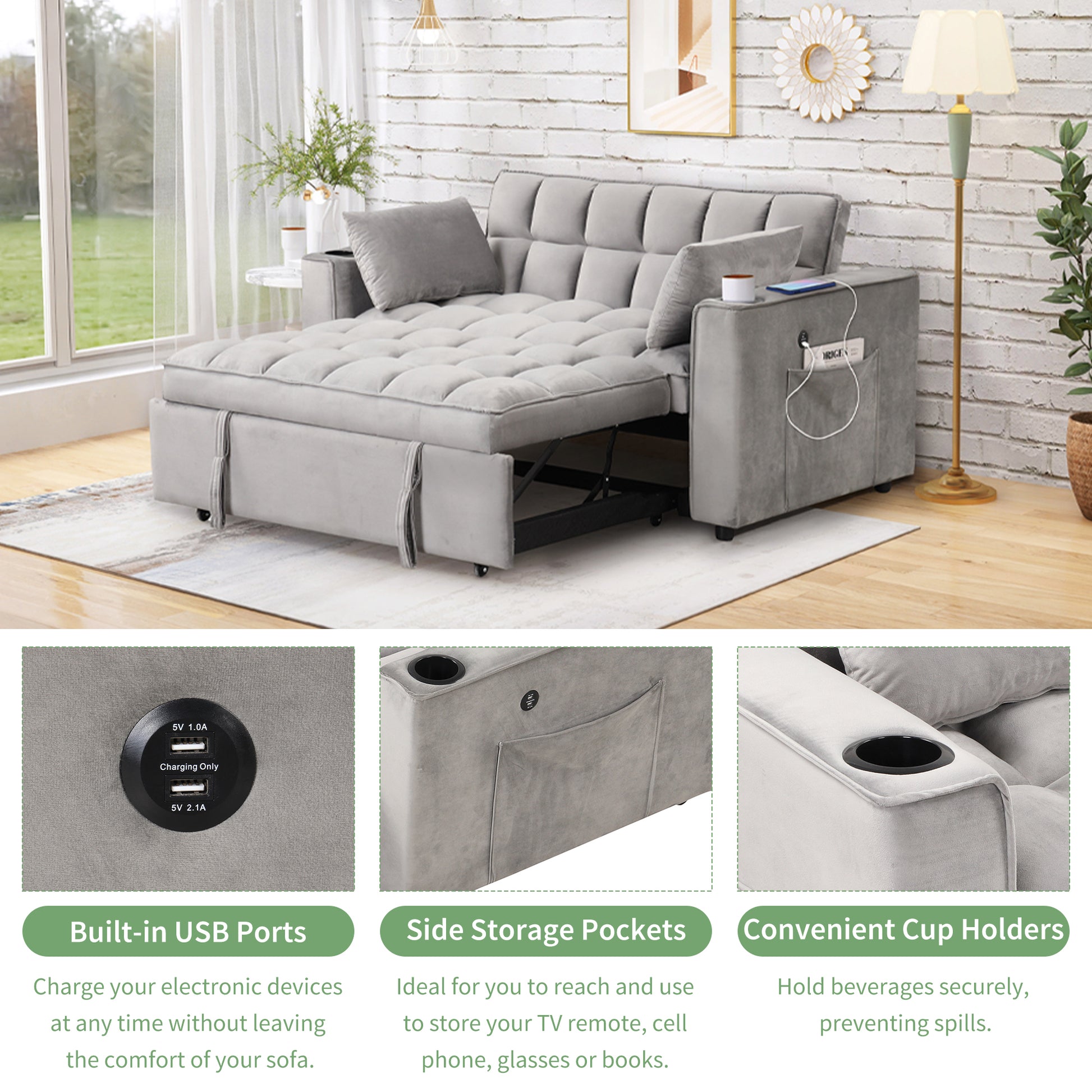 58" 4 1 Multi Functional Sofa Bed With Cup Holder And Usb Port For Living Room Or Apartments, Gray Gray Foam 2 Seat