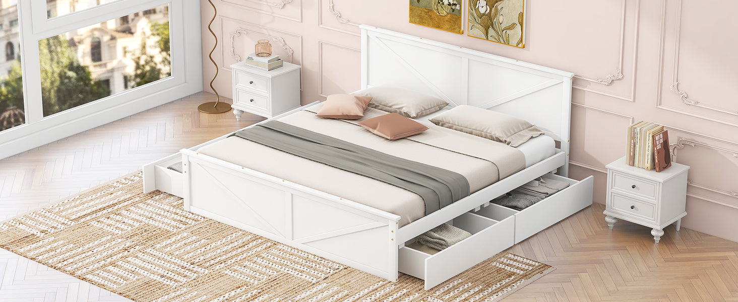 King Size Wooden Platform Bed With Four Storage Drawers And Support Legs, White King White Pine