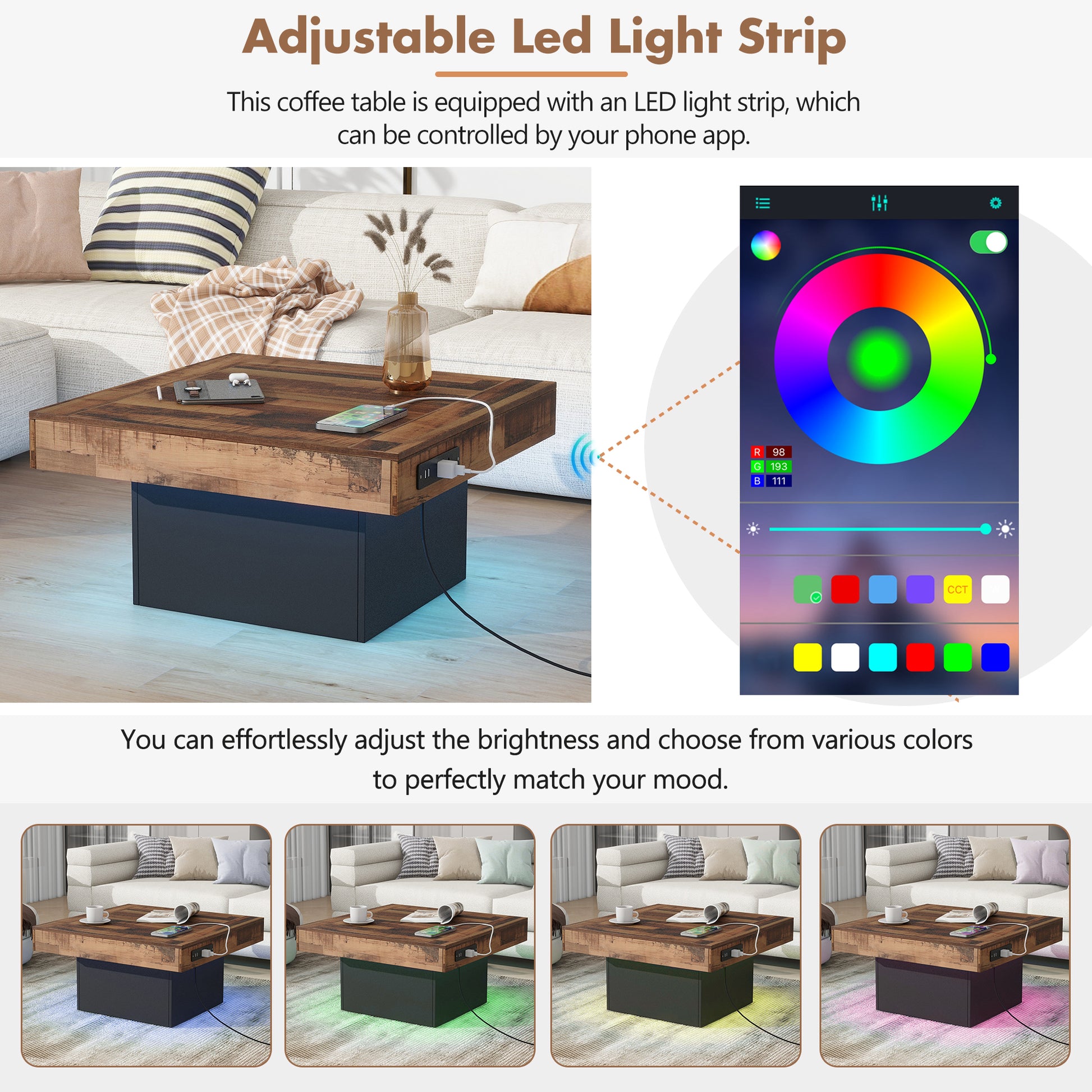 31.4'' X 31.4'' Farmhouse Coffee Table With 2 Usb Ports And Outlets, Brown Spliced Wood Grain Center Table With Led Light, Rustic Cocktail Table With Charging Station For Living Room, Black Black Primary Living Space Square Particle Board