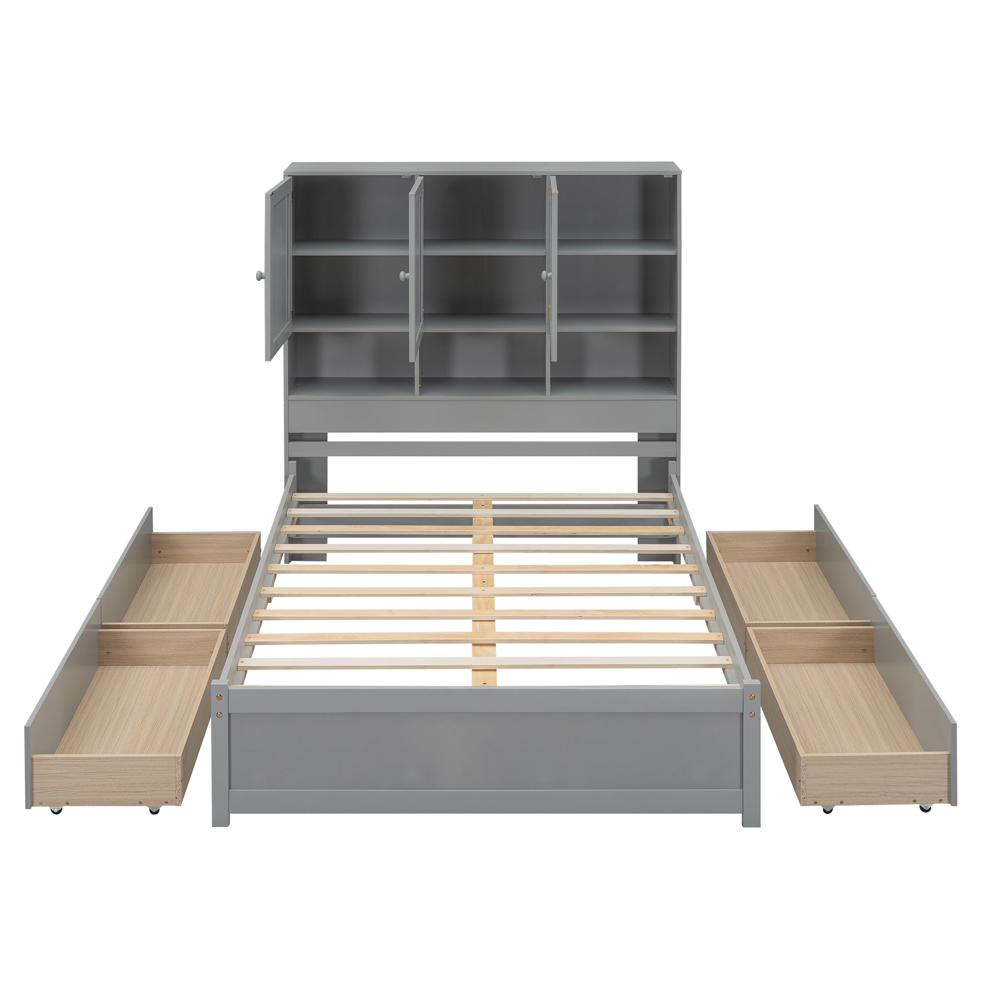 Full Size Platform Bed With Storage Headboard And 4 Drawers, Gray Box Spring Not Required Full Gray Wood Bedroom Bed Frame Solid Wood Mdf