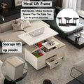 Modern Lift Up Coffee Table With 4 Stools Set For Living Room Expandable 1 Hidden Storage 2 Drawers Space Saving Folding Dining Table White Mdf