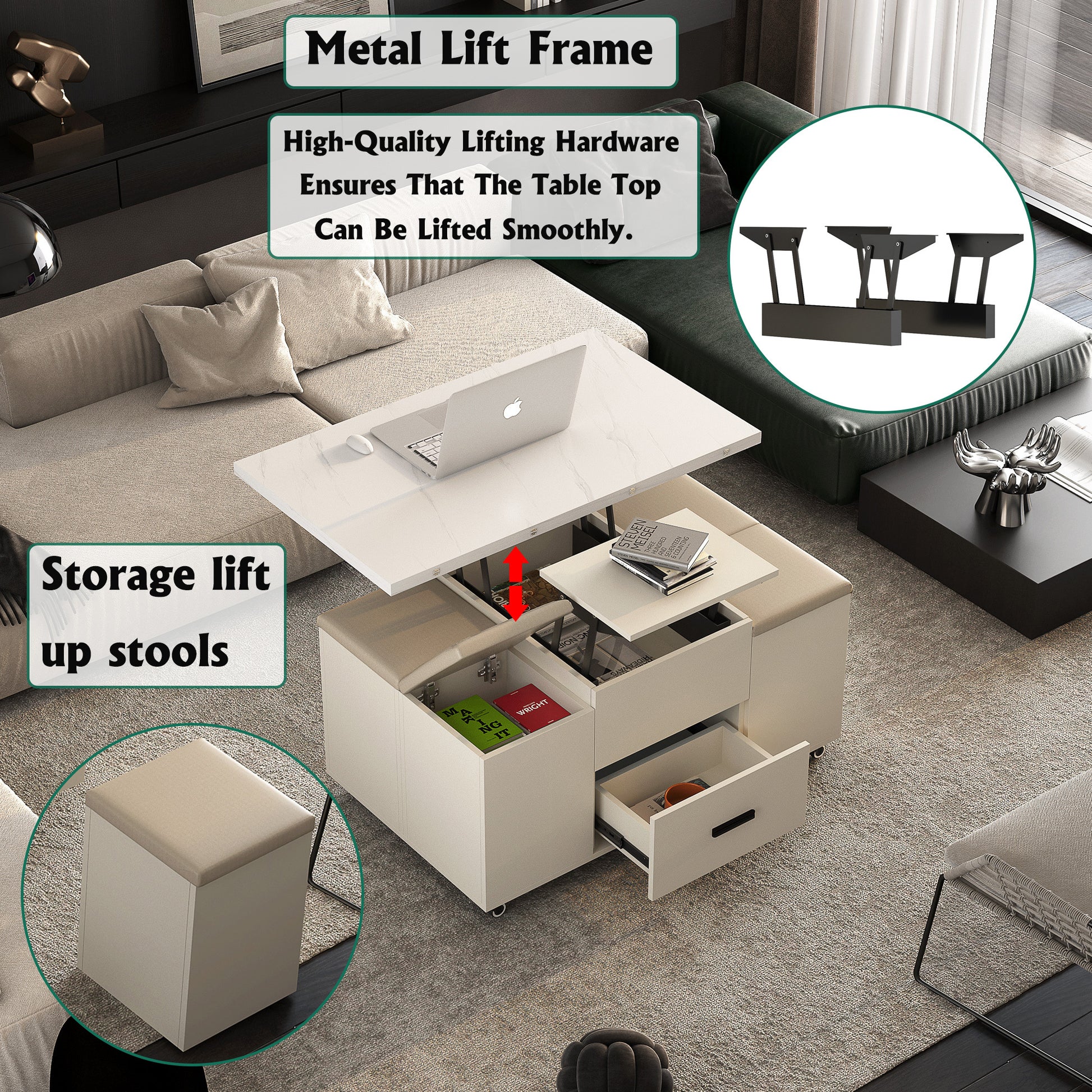 Modern Lift Up Coffee Table With 4 Stools Set For Living Room Expandable 1 Hidden Storage 2 Drawers Space Saving Folding Dining Table White Mdf