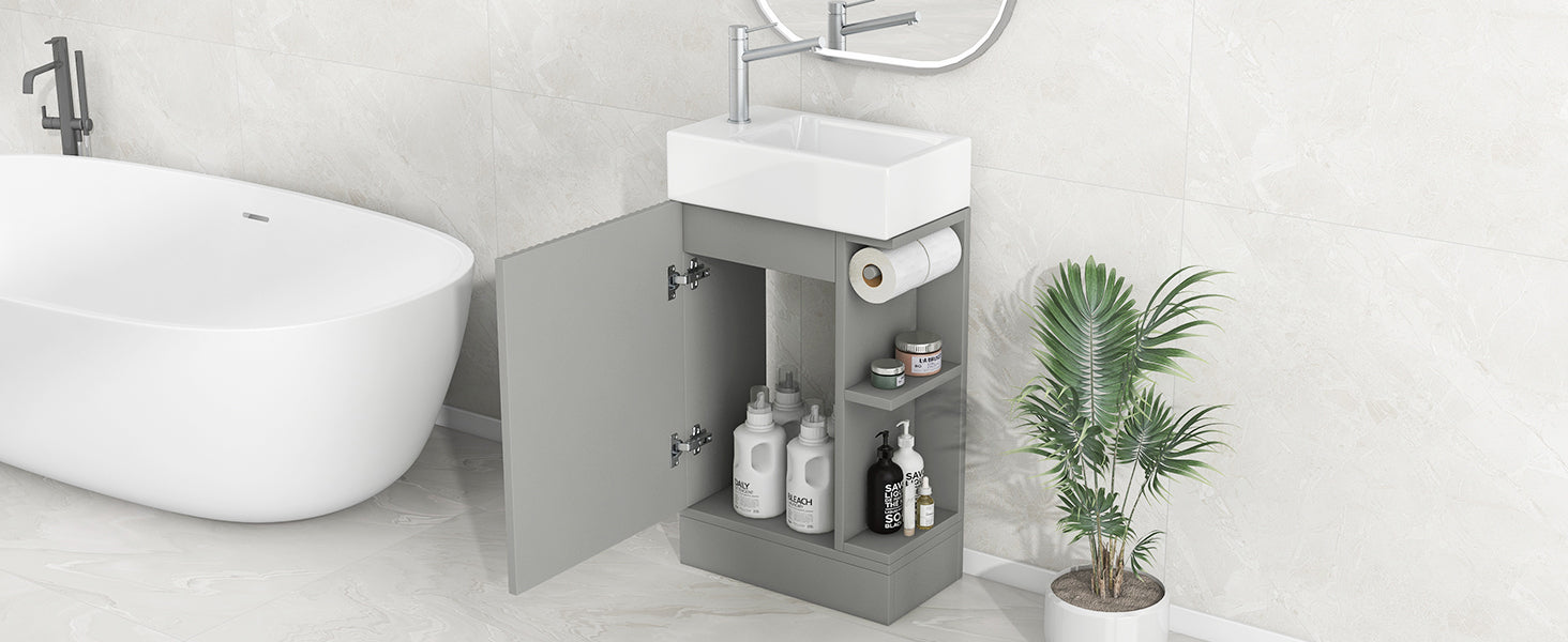 18.6" Bathroom Vanity With Sink, Bathroom Vanity Cabinet With Two Tier Shelf, Left Or Right Orientation, Grey Grey Mdf