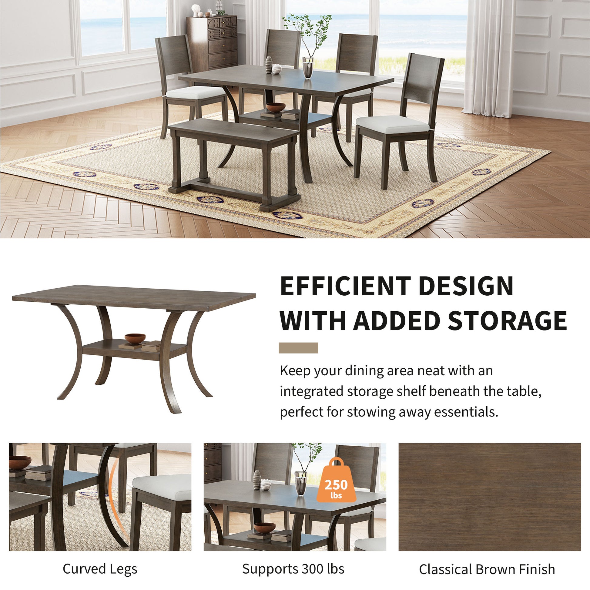 6 Piece Wood Dining Table Set With Storage Shelf And Curved Legs, Kitchen Table Set With Bench And 4 Removable Cushions Dining Chairs, Modern Style, Brown Gray Cushion Wood Dining Room Solid Wood Rubberwood Rectangular Dining Table With Bench Wood Wood