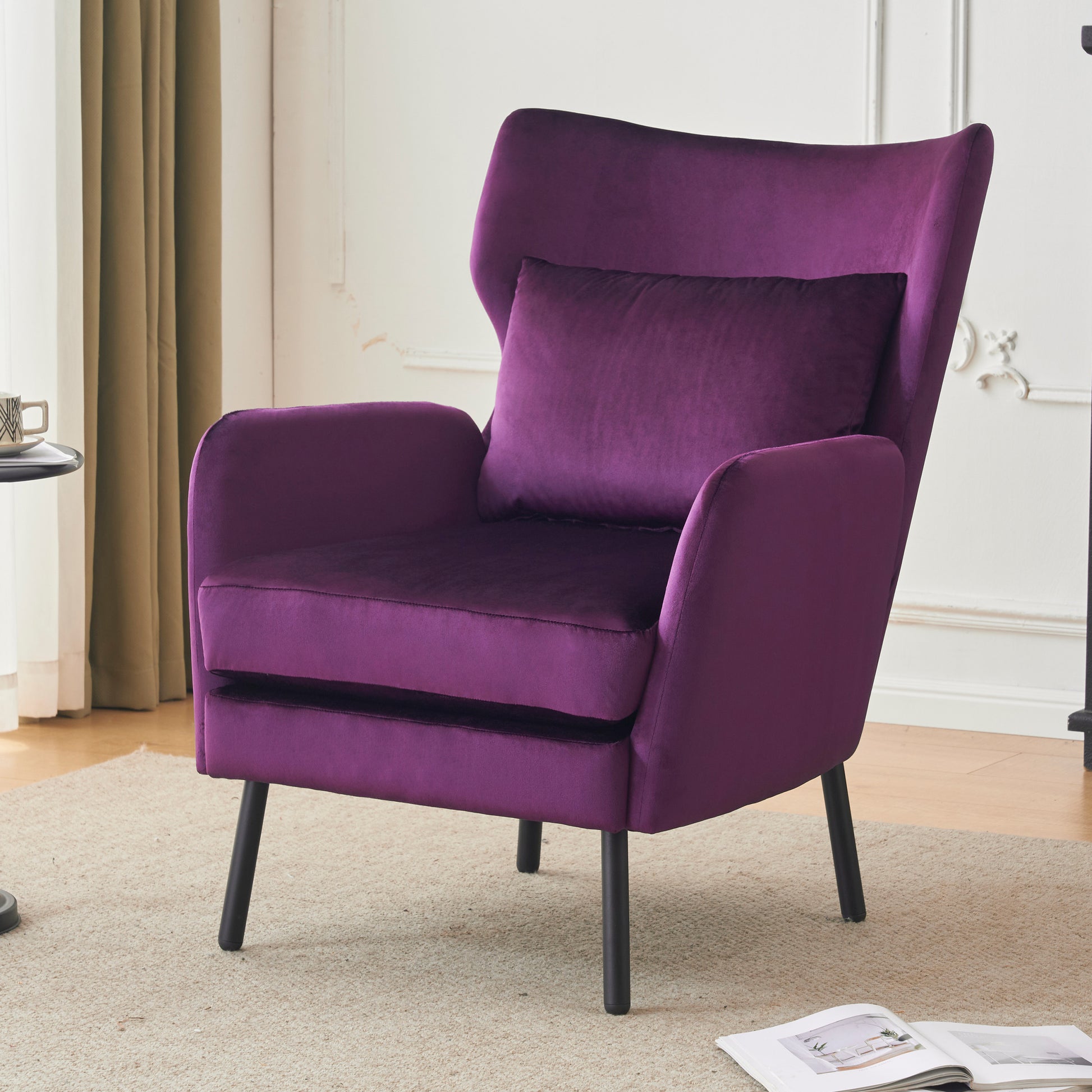 Wing Back Velvet Accent Chair, Modern Living Room Armchair Comfy Upholstered Single Sofa Chair For Bedroom Dorms Reading Reception Room With Metal Legs & Pillow, Purple Purple Velvet