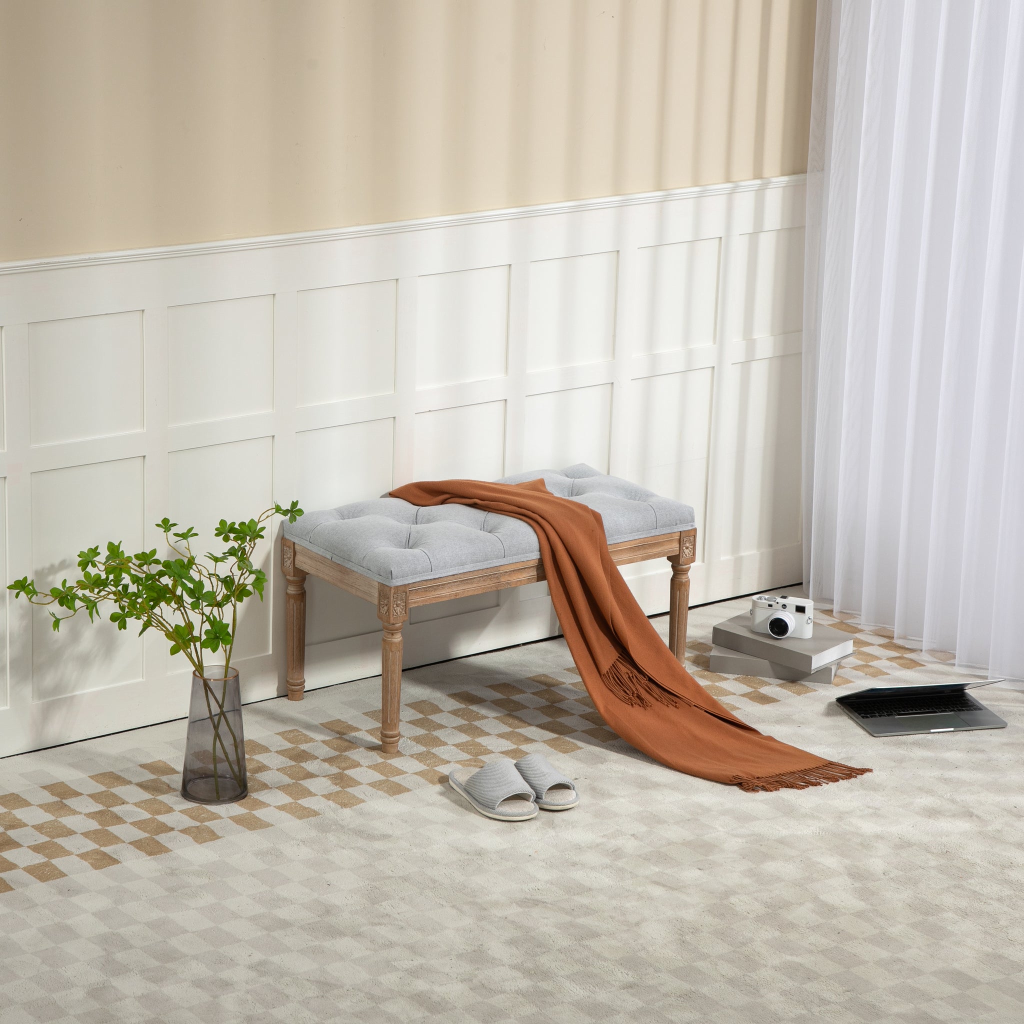 32"Inch French Vintage Bedroom Bench Upholstered Dining Benches, Fabric End Of Bed Bench For Bedroom Dining Room Living Room Entryway Light Gray Light Gray Rubber Wood